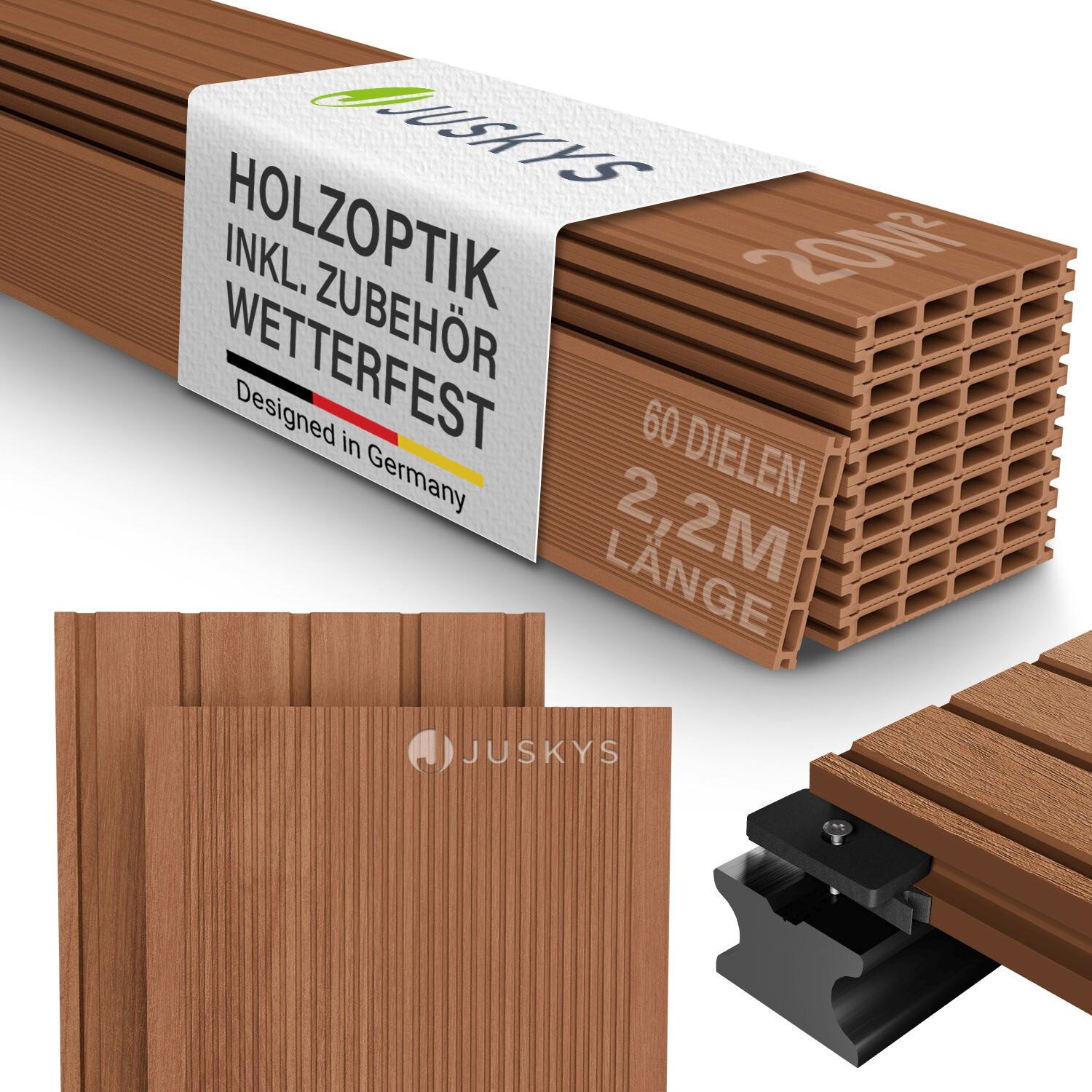 Juskys WPC Terrassendielen 20 m² – 220 cm Dielen, wetterfest inkl. Unterkonstruktion – Teak | 04262437187143
