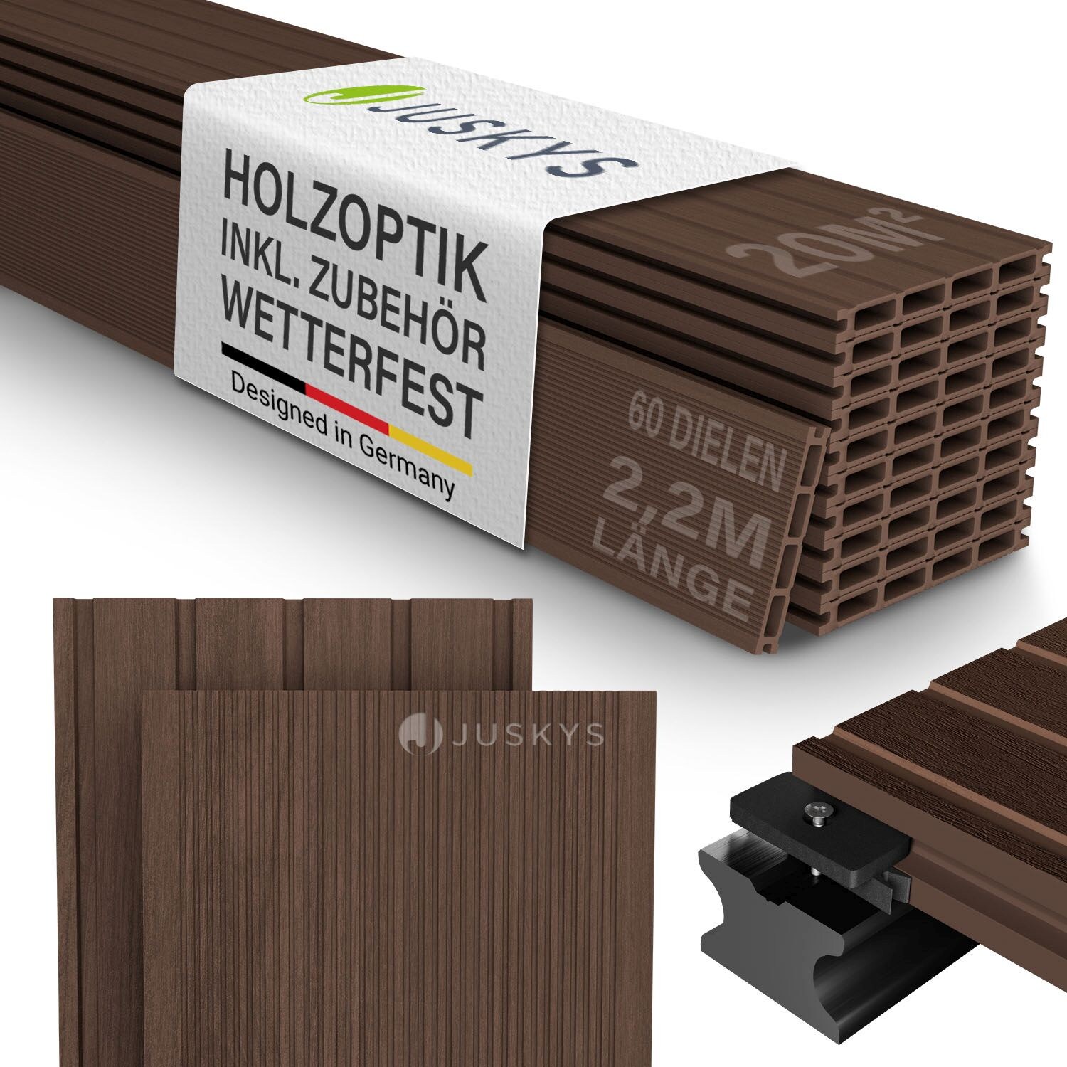 Juskys WPC Terrassendielen 20 m² – 220 cm Dielen, wetterfest inkl. Unterkonstruktion – Braun