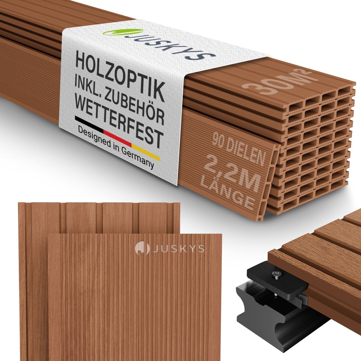 Juskys WPC Terrassendielen 30 m² – 220 cm Dielen, wetterfest inkl. Unterkonstruktion – Teak | 04262437187181