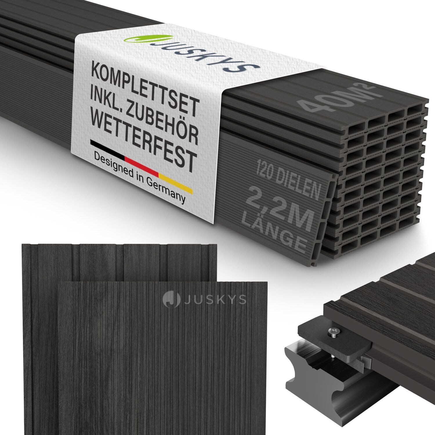 WPC Terrassendielen 40 m² – 220 cm Dielen, wetterfest inkl. Unterkonstruktion – Grau