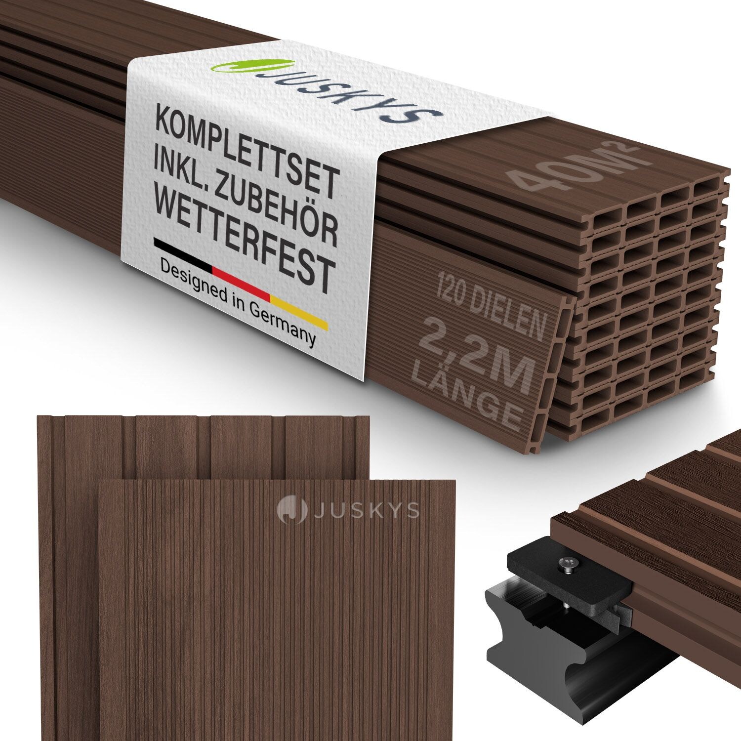 WPC Terrassendielen 40 m² – 220 cm Dielen, wetterfest inkl. Unterkonstruktion – Braun
