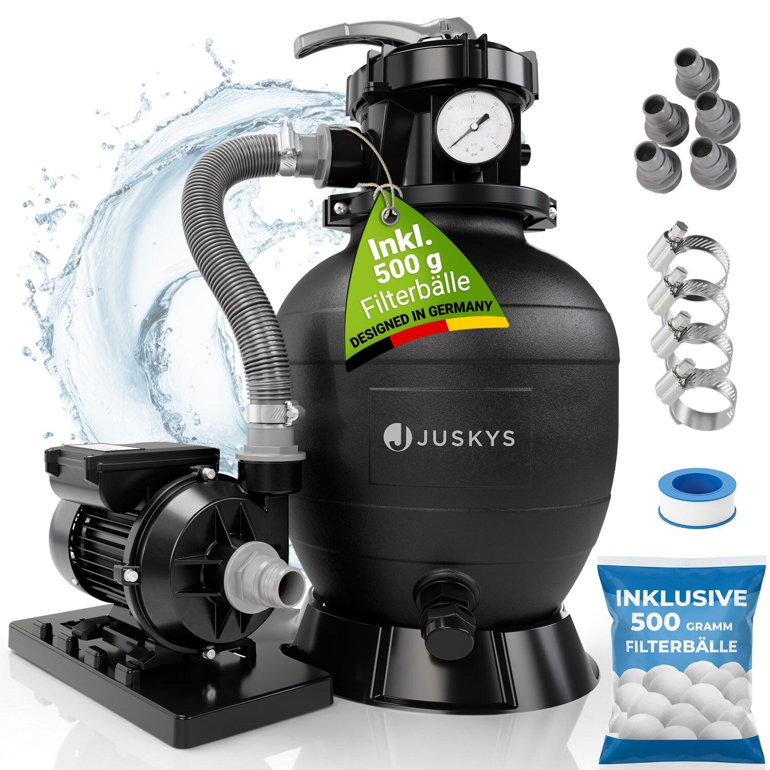 Juskys® Sandfilteranlage 250 W - leistungsstarke Poolfilteranlage, Filtration mit 7-Wege-Ventil, Robustes Material, 10 L Volumen