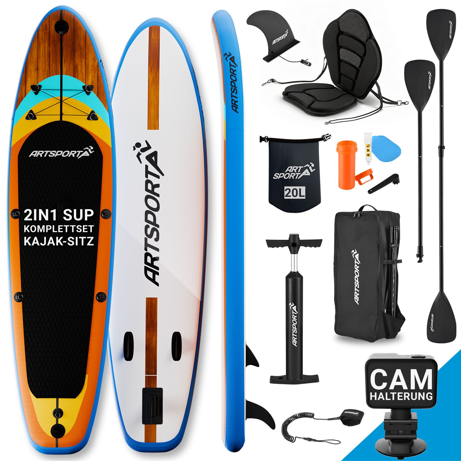 ArtSport Stand Up Paddle Board Beach Rocker mit Kajak-Set &ndash; Aufblasbares SUP Board Set bis 150 kg - Wei&szlig; & Bunt - Bild 1