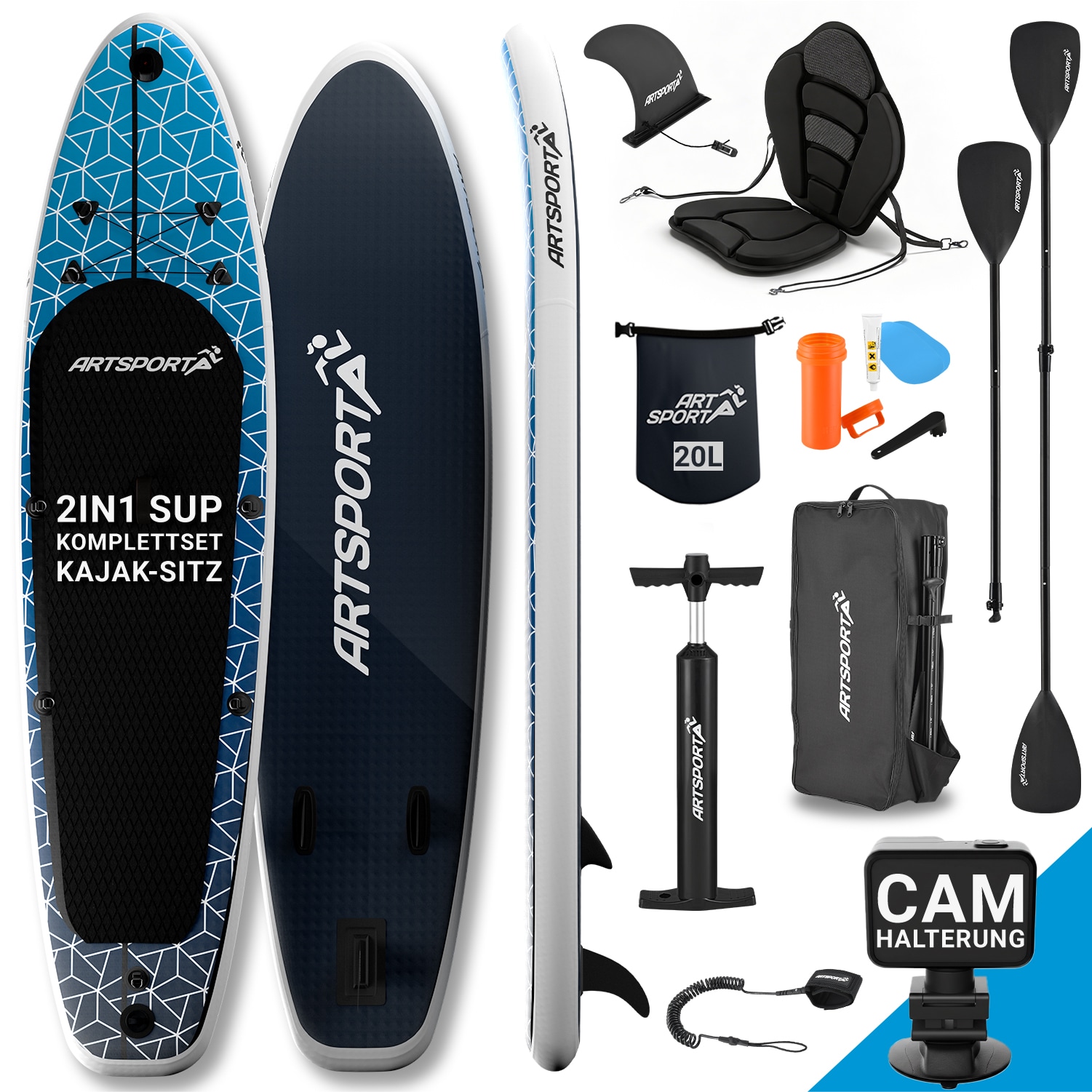 ArtSport Stand Up Paddle Board Deep Ocean mit Kajak-Set &ndash; Aufblasbares SUP Board Set bis 150 kg - Blau-Wei&szlig; - Bild 1