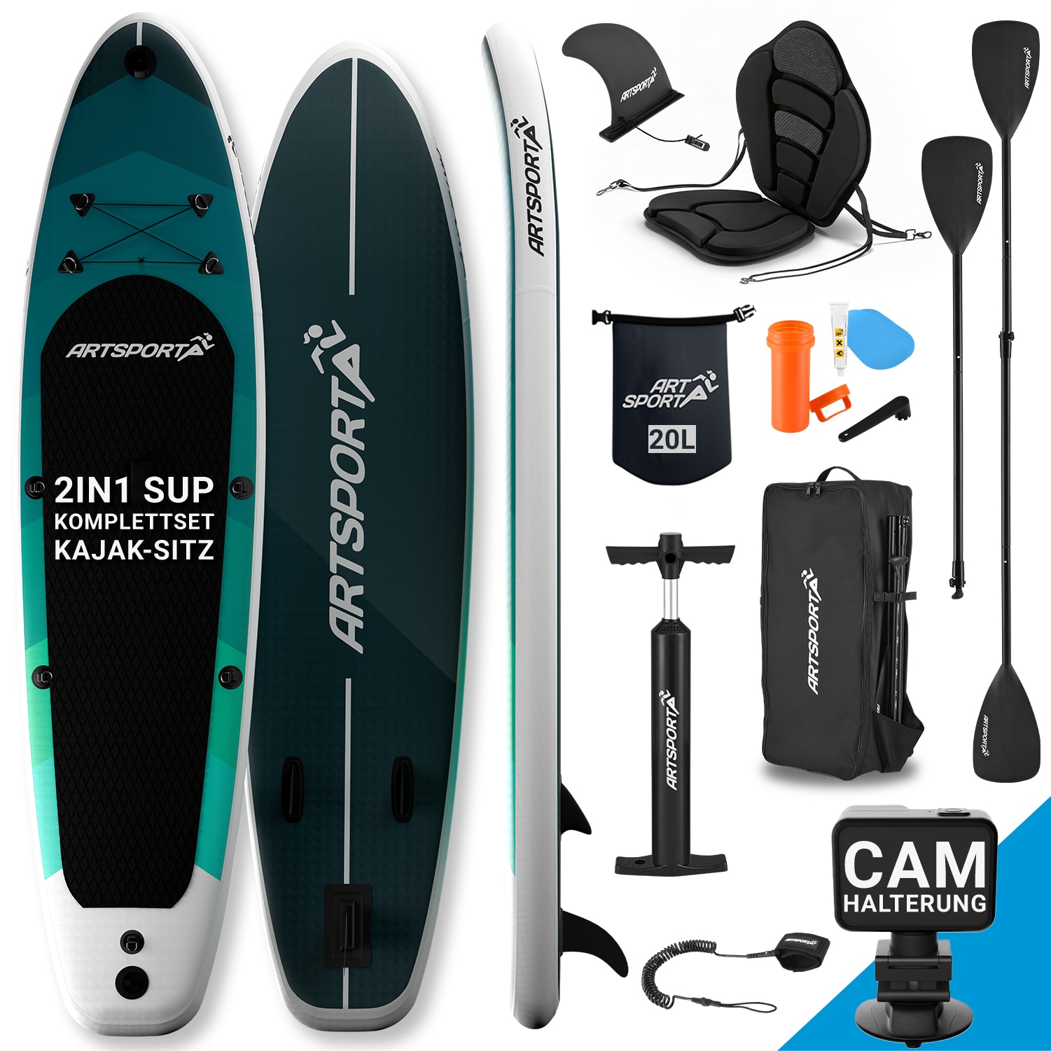 ArtSport Stand Up Paddle Board Blue Wave mit Kajak-Set &ndash; Aufblasbares SUP Board Set bis 150 kg - Blau-Schwarz - Bild 1