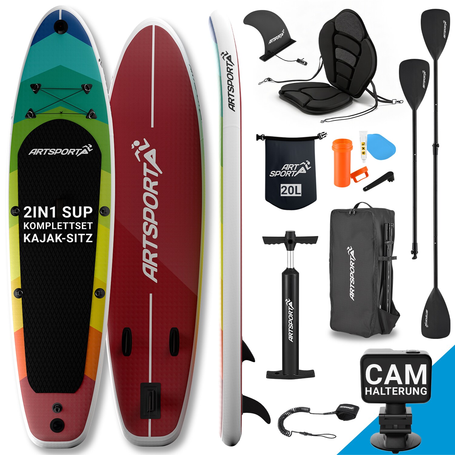 ArtSport Stand Up Paddle Board Retro Love mit Kajak-Set &ndash; Aufblasbares SUP Board Set bis 150 kg - Rot-Bunt - Bild 1