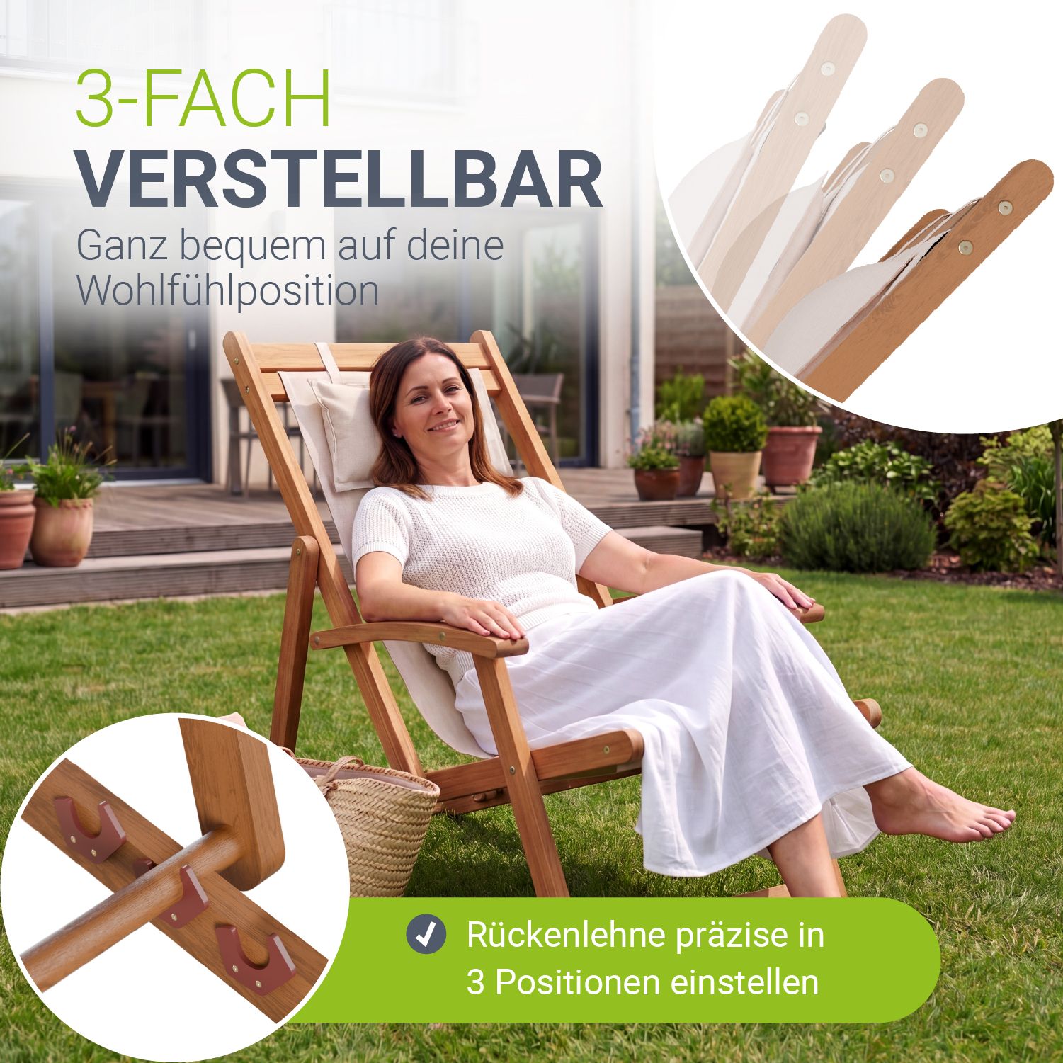 JUSKYS&reg; Sonnenliege Tavira - Creme, Akazienholz Liege mit UV-best&auml;ndigem Polyesterbezug, verstellbare Komfortposition, klappbar - Bild 1