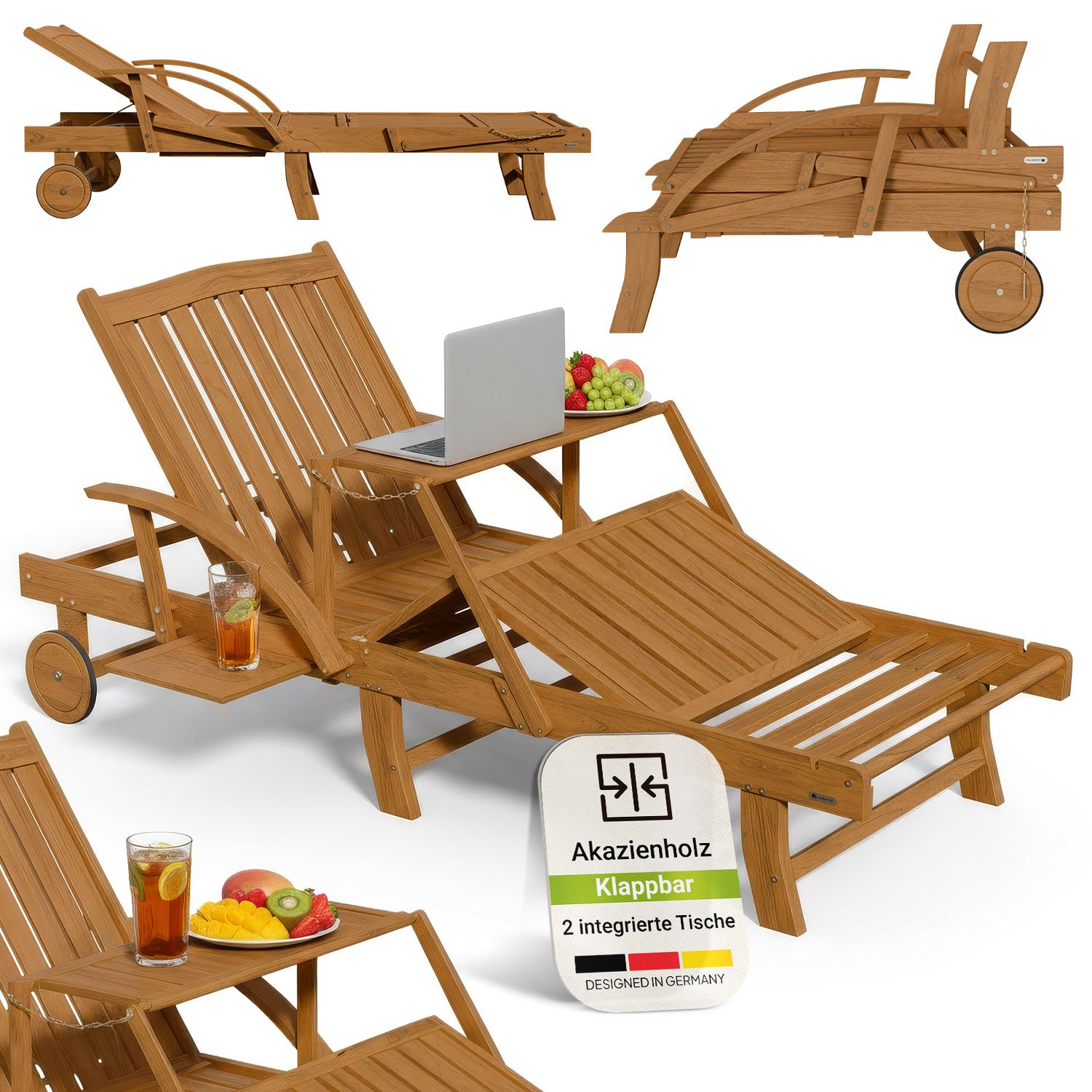 Juskys&reg; Sonnenliege SunScape - Akazie, Natur, ge&ouml;lt, klappbar, inkl. Klapptisch, 196x72,5x30 cm - Bild 1