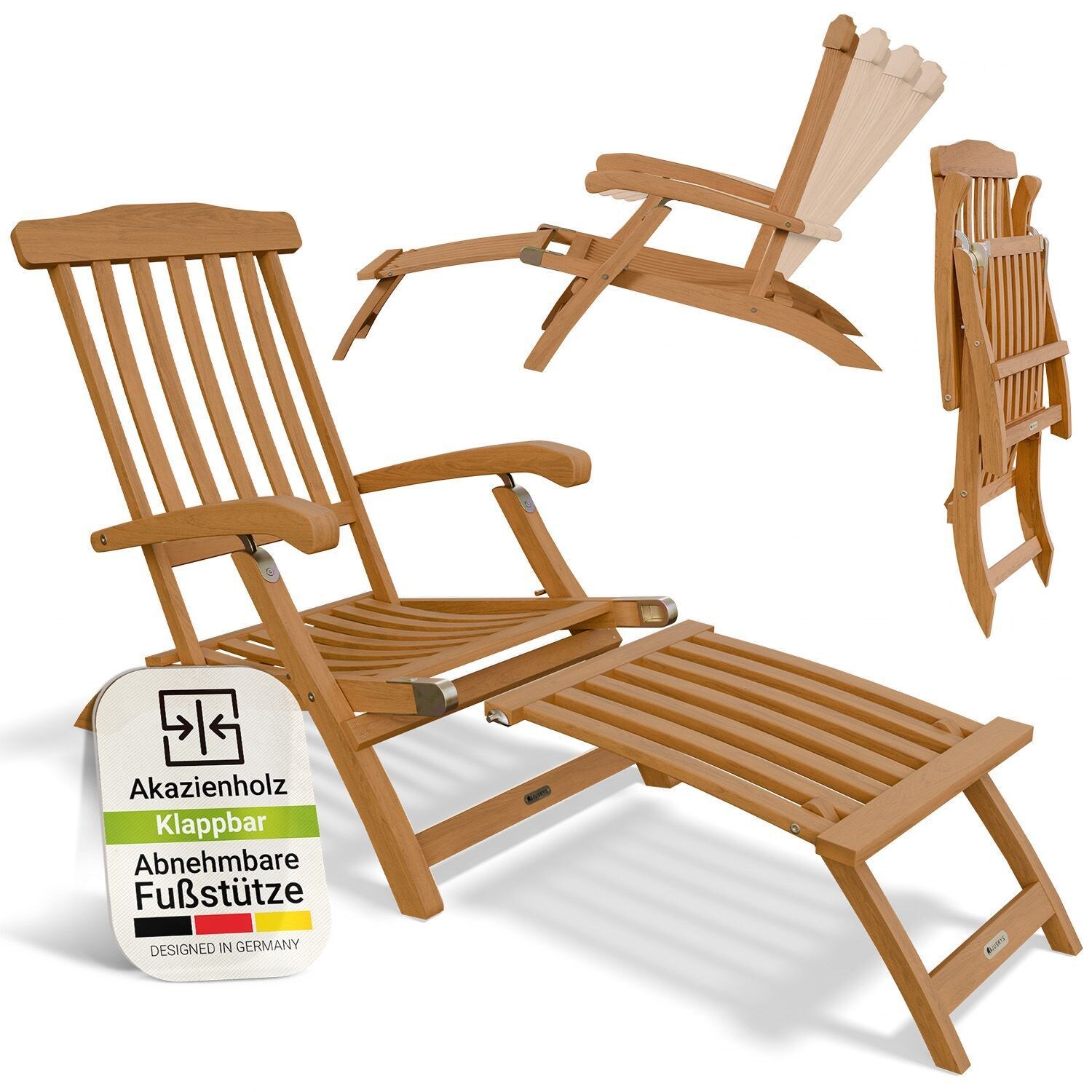 Juskys® Sonnenliege Evia - klappbar für Garten & Terrasse, geöltes Akazienholz für natürliche Optik & langlebige Nutzung, 196x54x95 cm in Natur