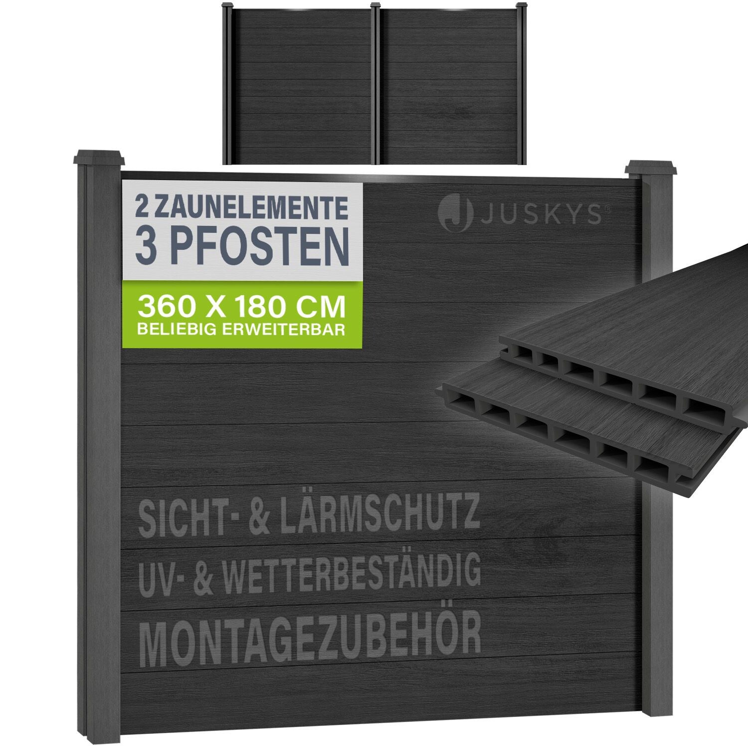 JUSKYS® WPC Sichtschutzzaun 2er Set - 2x Element + 3x Pfosten & Zubehör, Gartenset WPC- & Stahlkonstruktion, Anthrazit / Grau