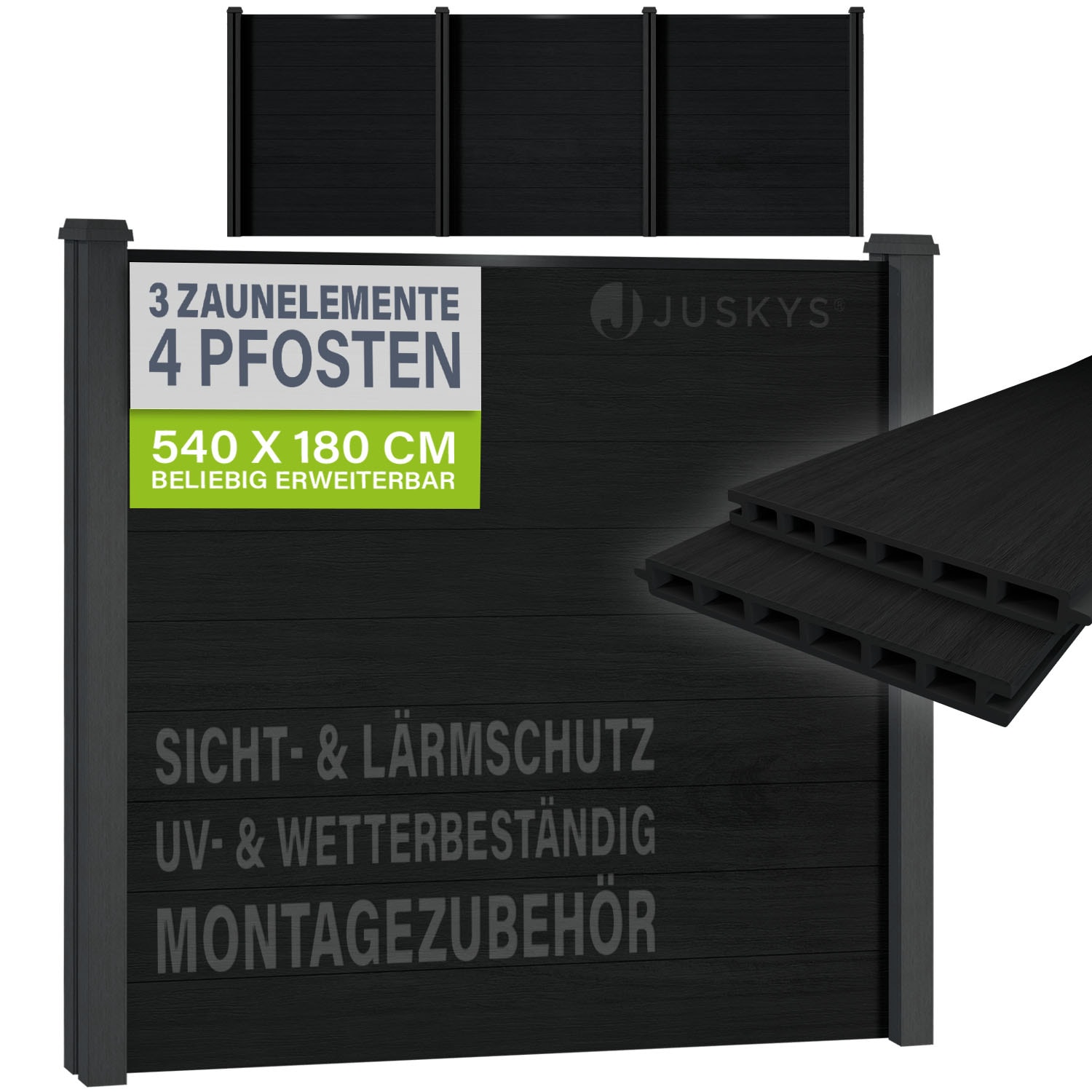 Juskys&reg; WPC Sichtschutzzaun 3er Set - Komplettset inkl. 4 WPC Pfosten & Zubeh&ouml;r, Gartenset WPC- & Stahlkonstruktion, Anthrazit / Grau - Bild 1