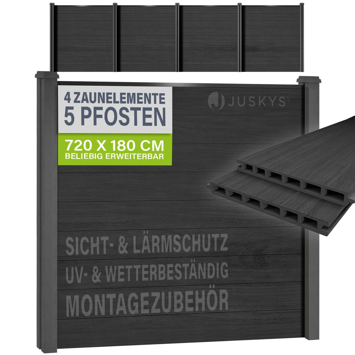 JUSKYS® WPC Sichtschutzzaun 4er Set - 4x Element + 5x Pfosten & Zubehör, Gartenset WPC- & Stahlkonstruktion, Anthrazit / Grau