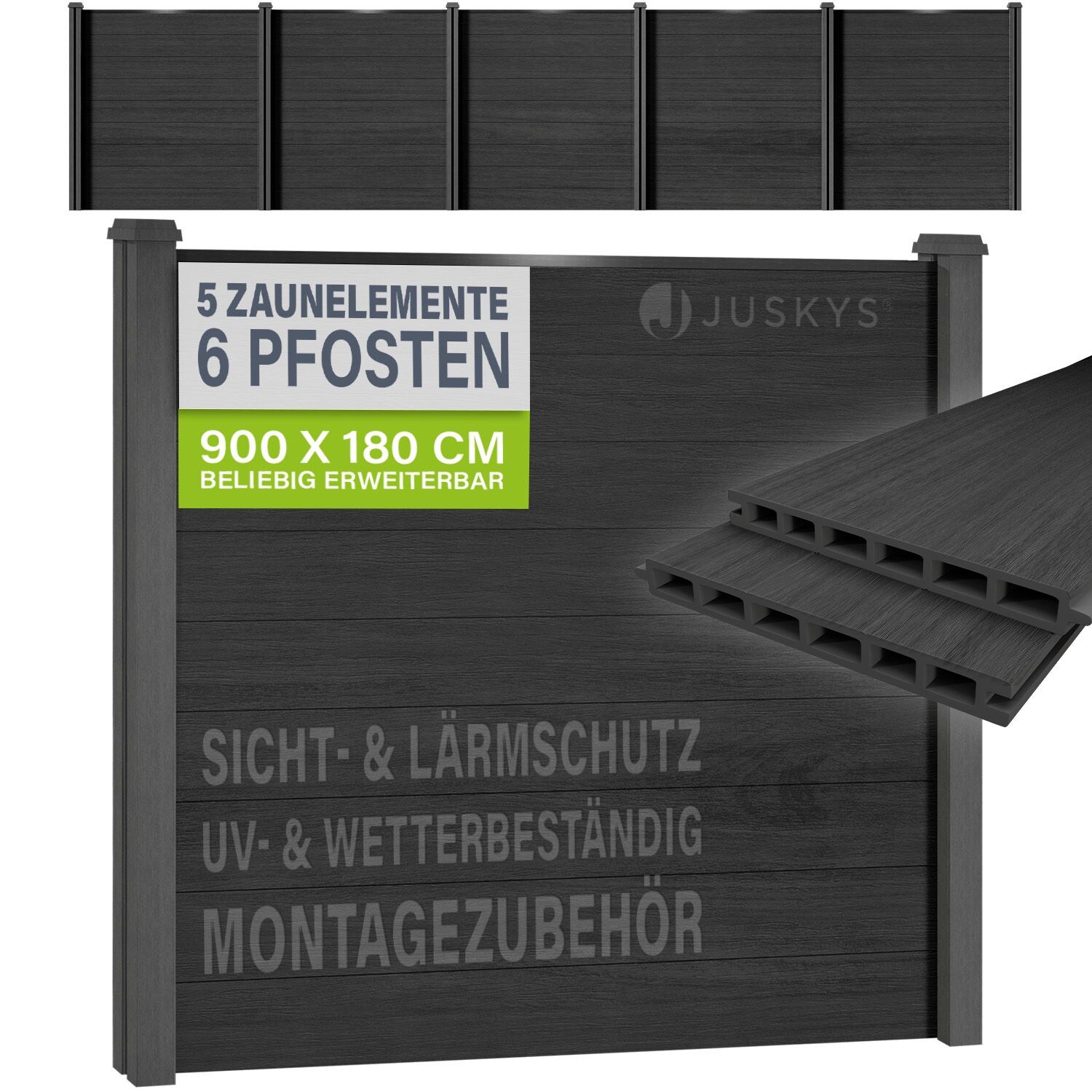 JUSKYS® WPC Sichtschutzzaun 5er Set - 5x Element + 6x Pfosten & Zubehör, Gartenset WPC- & Stahlkonstruktion, Anthrazit / Grau