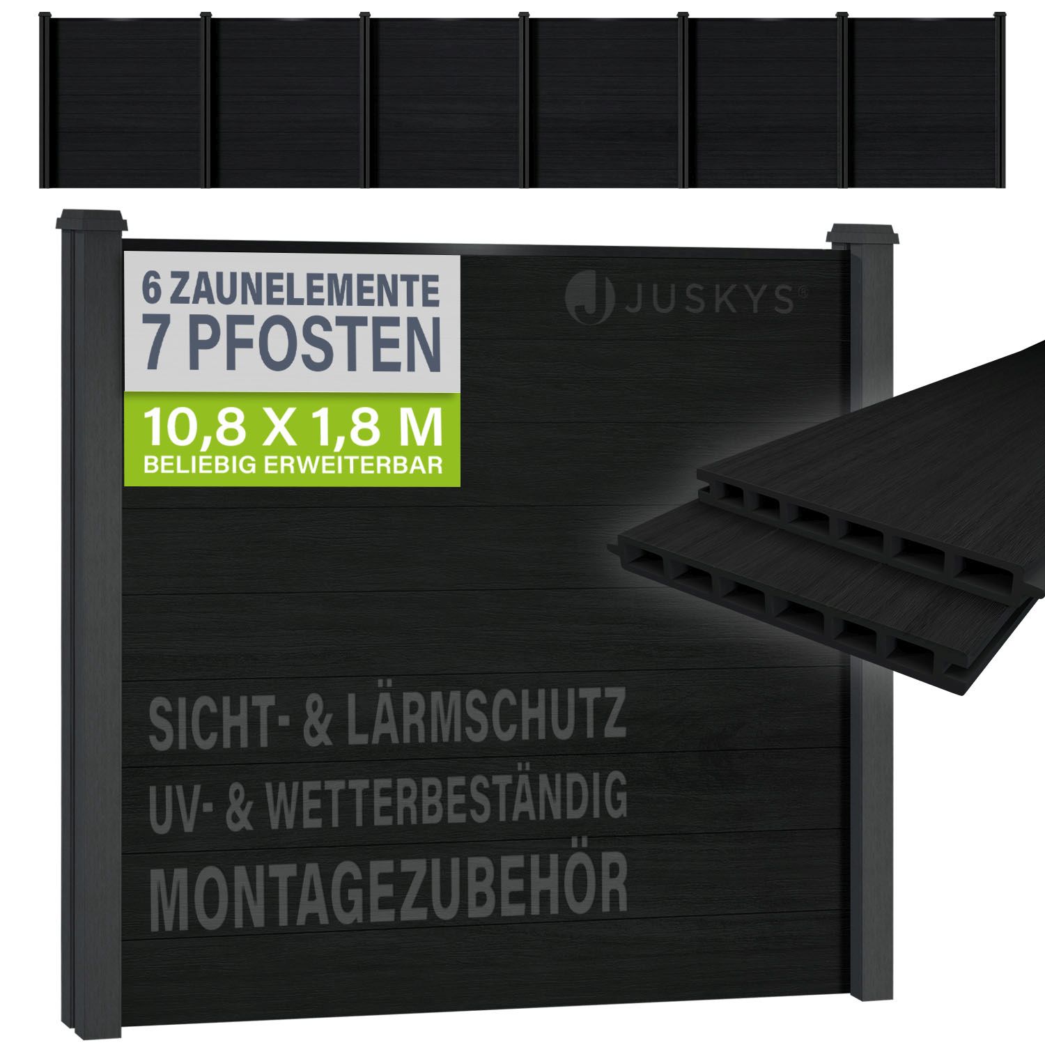Juskys&reg; WPC Sichtschutzzaun 6er Set - Komplettset inkl. 7 WPC Pfosten & Zubeh&ouml;r, Gartenset WPC- & Stahlkonstruktion, Anthrazit / Grau - Bild 1