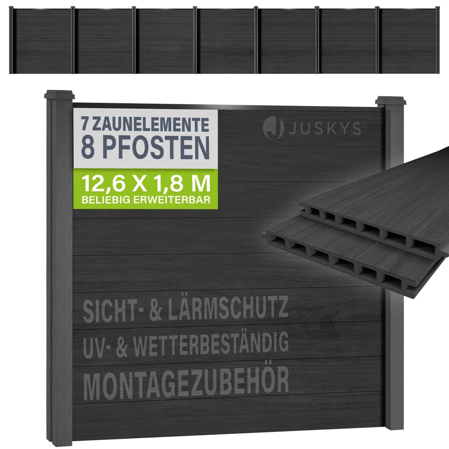 JUSKYS® WPC Sichtschutzzaun 7er Set - 7x Element + 8x Pfosten & Zubehör, Gartenset WPC- & Stahlkonstruktion, Anthrazit / Grau