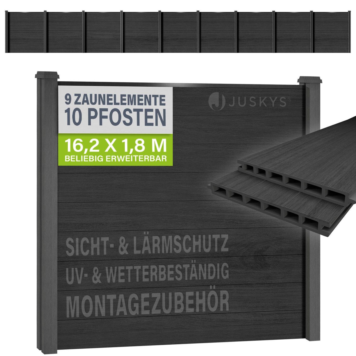 JUSKYS® WPC Sichtschutzzaun 9er Set - 9x Element + 10x Pfosten & Zubehör, Gartenset WPC- & Stahlkonstruktion, Anthrazit / Grau
