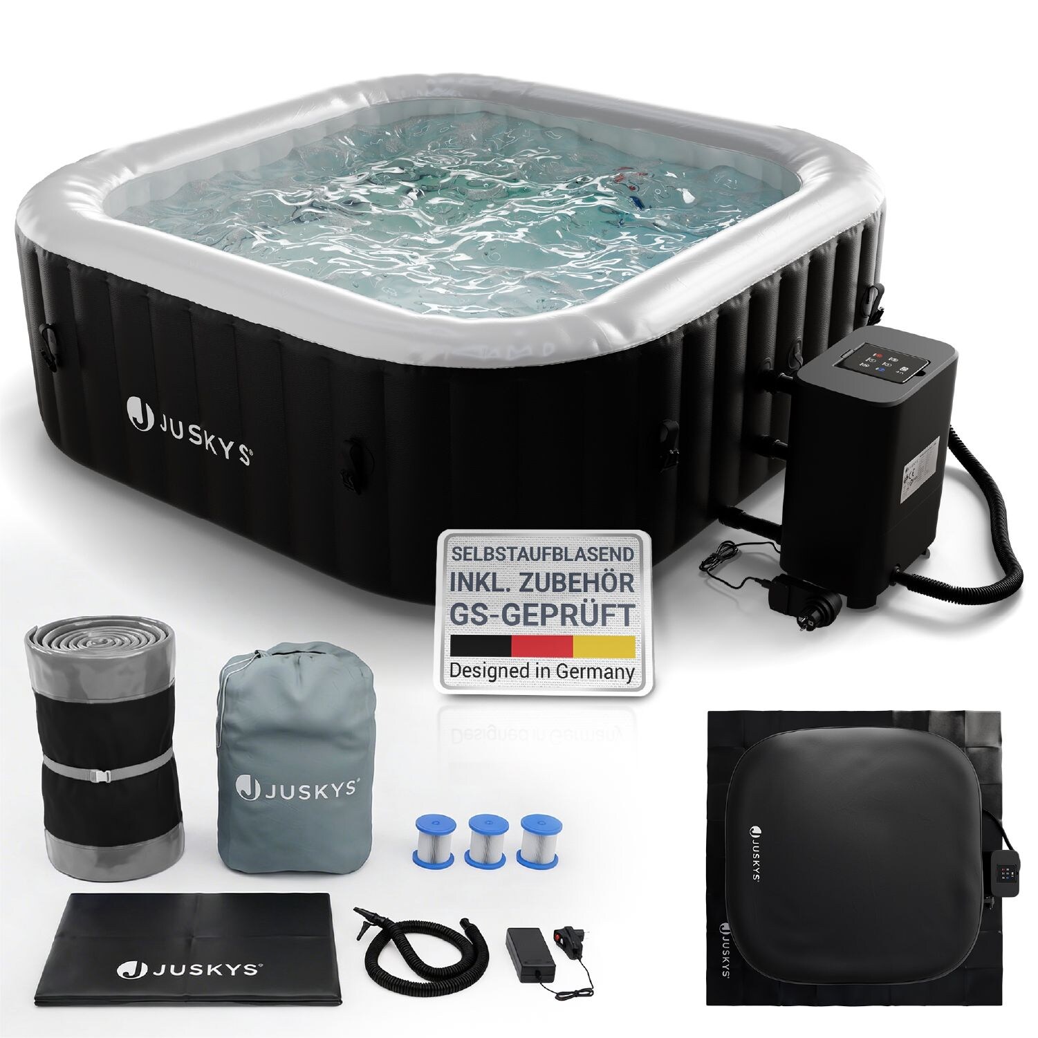 Juskys® Whirlpool SpaLuxe – 130 Sprudeldüsen, 2400W Heizung, 910L Volumen - Schwarz / Weiß