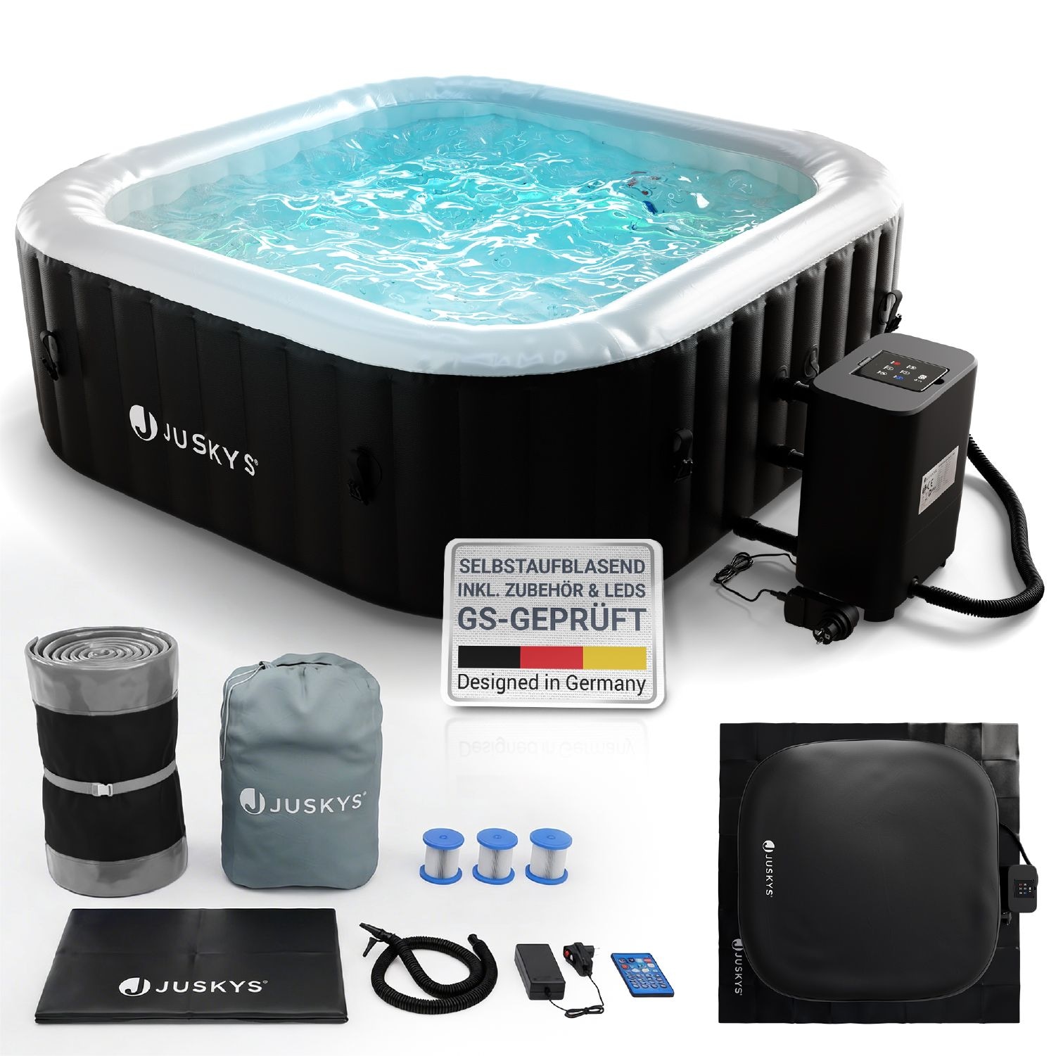 Juskys® Whirlpool SpaLuxe mit LED – 130 Sprudeldüsen, 2400W Heizung, 910L Volumen, aufblasbar - Schwarz / Weiß