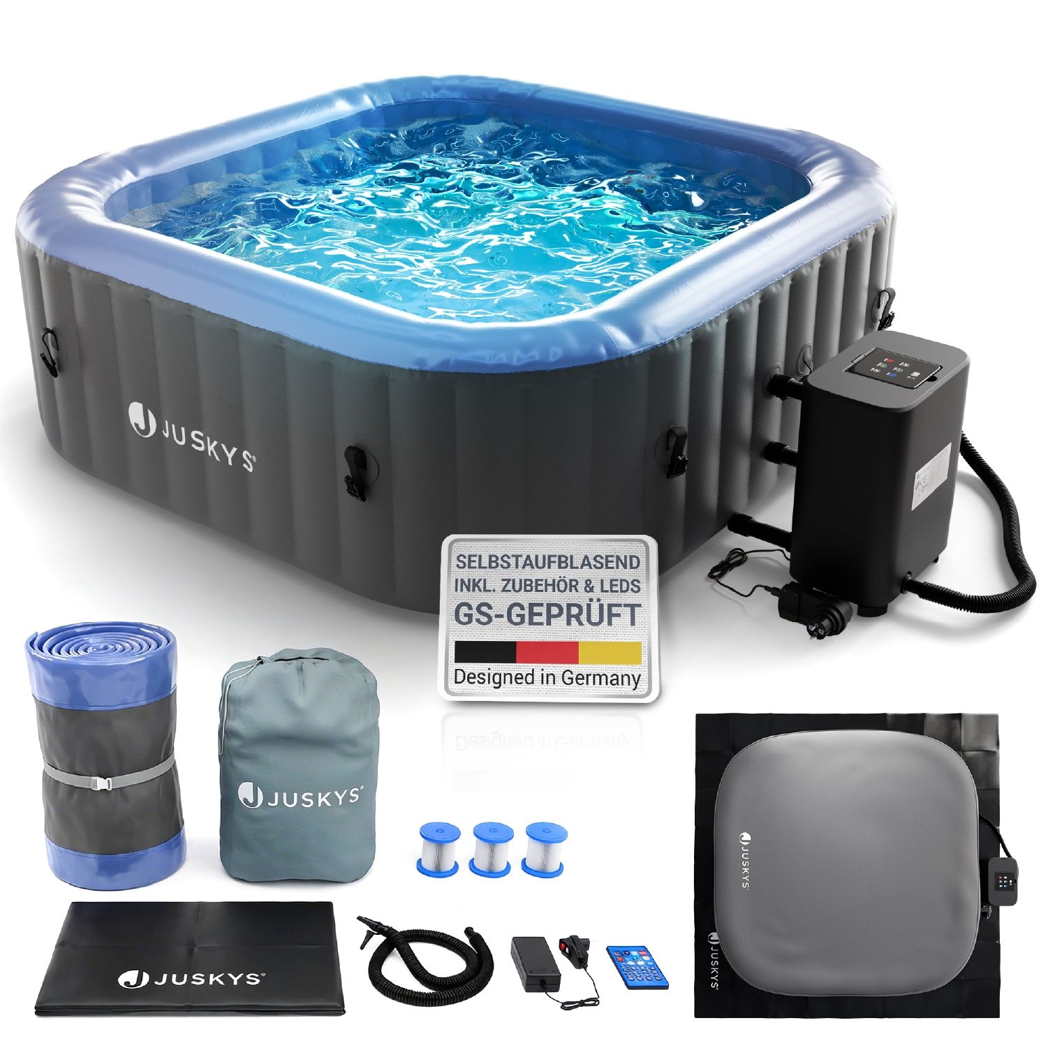 Juskys® Whirlpool SpaLuxe mit LED – 130 Sprudeldüsen, 2400W Heizung, 910L Volumen, aufblasbar - Grau / Blau
