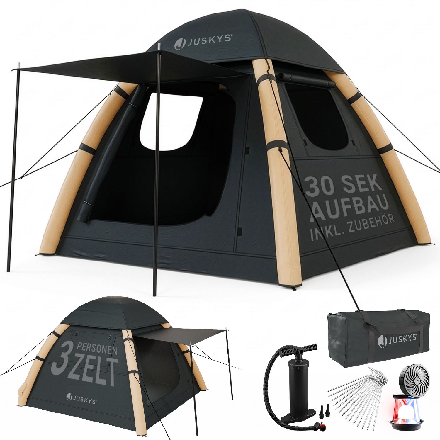 Juskys&reg; Campingzelt EasyFlow M - Dunkelgrau/Khaki, aufblasbares Zelt mit Luftpumpe und Zubeh&ouml;r, inkl. LED-Lampe - Bild 1