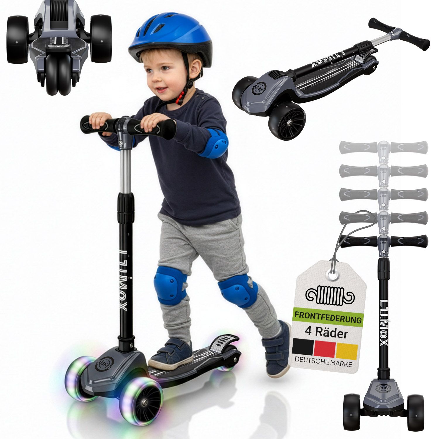 JUSKYS&reg; Kinderroller Lumox Schwarz - LED-Rollen mit 4-Farb-Blinkeinstellung, h&ouml;henverstellbarer Kinderscooter, klappbar & Hinterradbremse, Dreiradscooter - Bild 1
