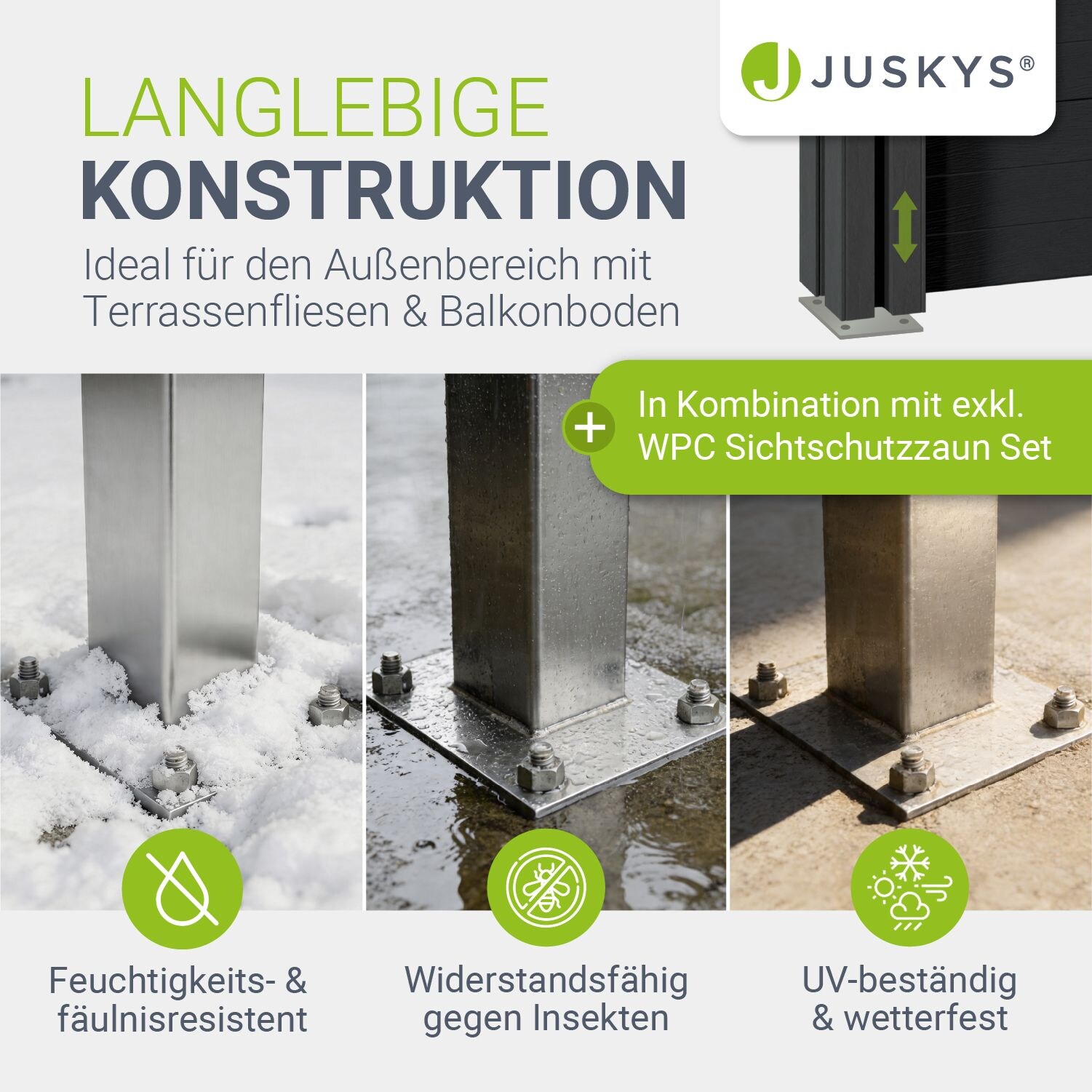JUSKYS&reg; Aufschraubh&uuml;lse f&uuml;r WPC Sichtschutzzaunelemente - robuste Stahlbefestigung, wetterfest, 10x10x112 cm, f&uuml;r Betonboden & Terrassen - Bild 1