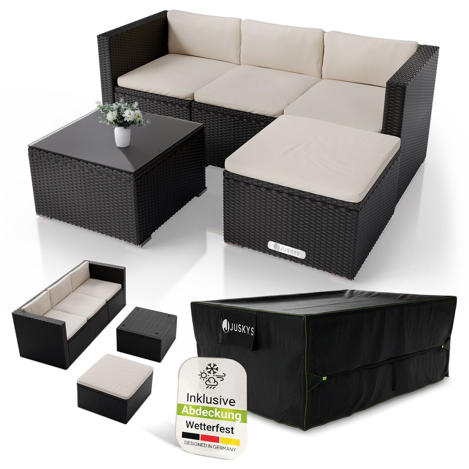 Polyrattan Lounge Punta Cana M schwarz inkl. Abdeckung für 3-4 Personen – Sofa, Tisch & Hocker