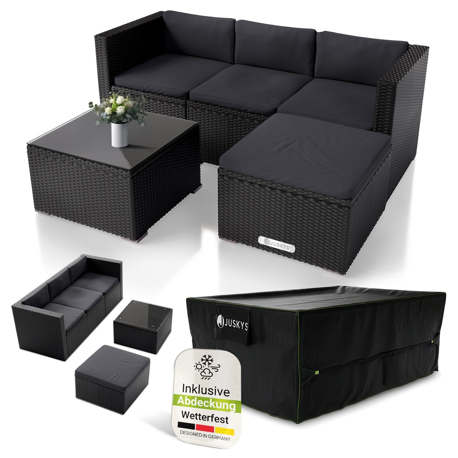 Polyrattan Lounge Punta Cana M schwarz inkl. Abdeckung für 3-4 Personen – Sofa, Tisch & Hocker