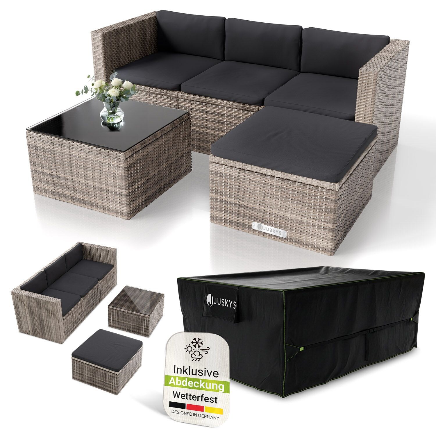 Polyrattan Lounge Punta Cana M grau-meliert inkl. Abdeckung, 3-4 Personen – Sofa, Tisch & Hocker