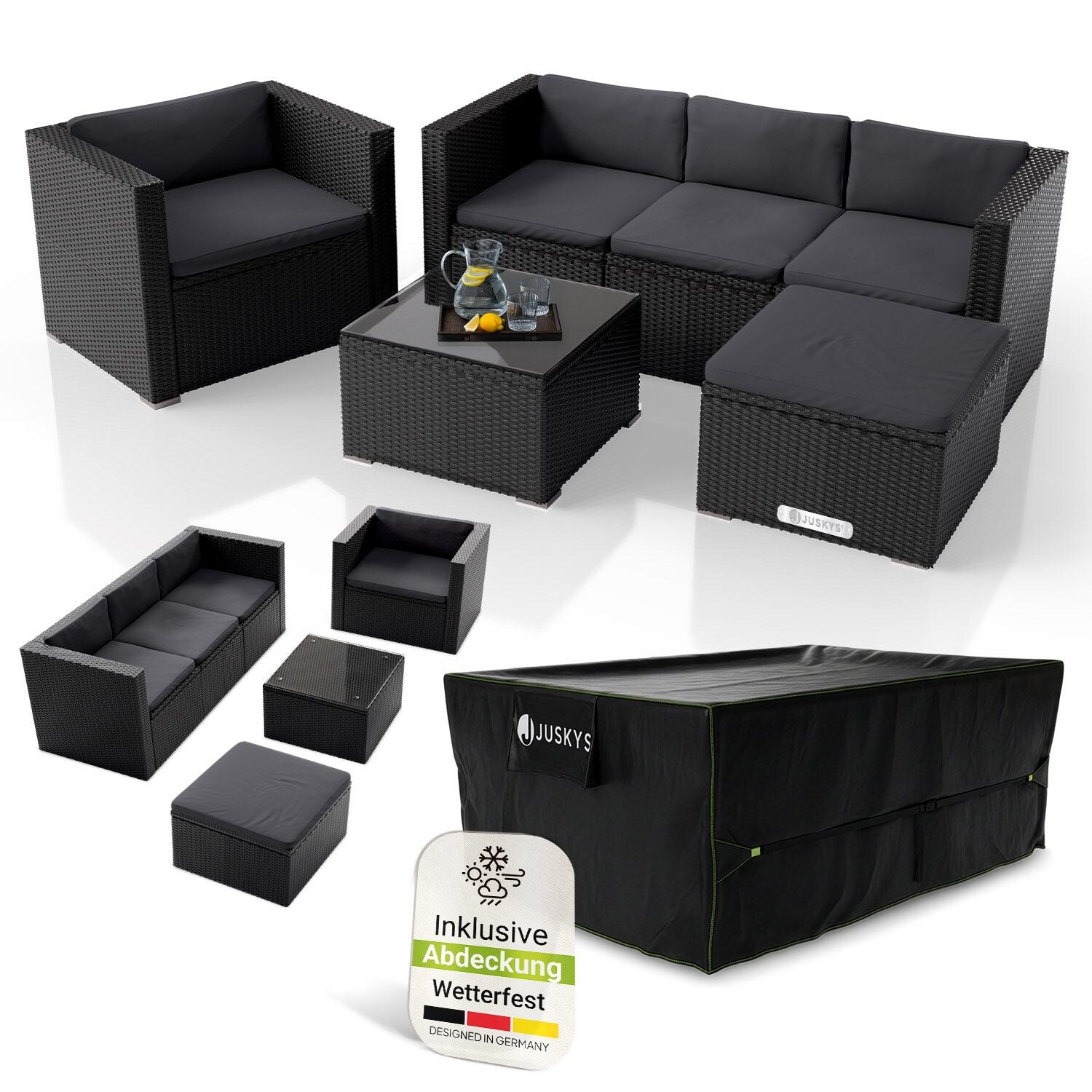 Polyrattan Lounge Punta Cana L schwarz inkl. Abdeckung für 4-5 Personen – Sessel, Sofa, Tisch & Hocker