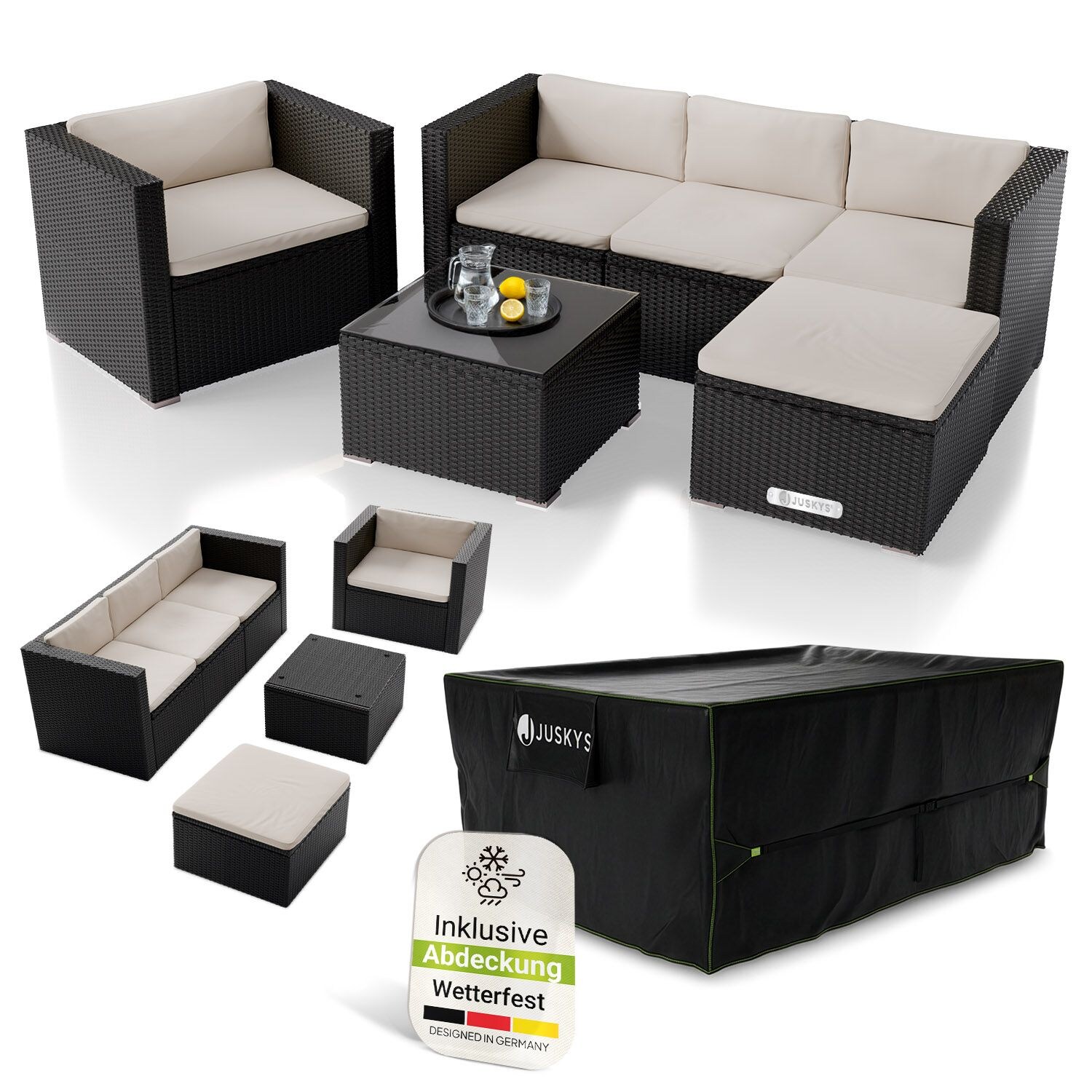 Polyrattan Lounge Punta Cana L schwarz inkl. Abdeckung für 4-5 Personen – Sessel, Sofa, Tisch & Hocker