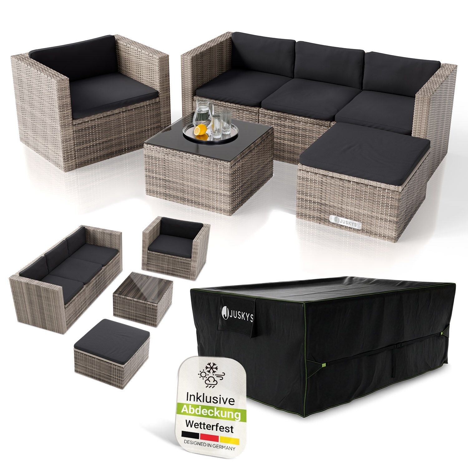 Polyrattan Lounge Punta Cana L grau-meliert inkl. Abdeckung, 4-5 Personen – Sessel, Sofa, Tisch & Hocker
