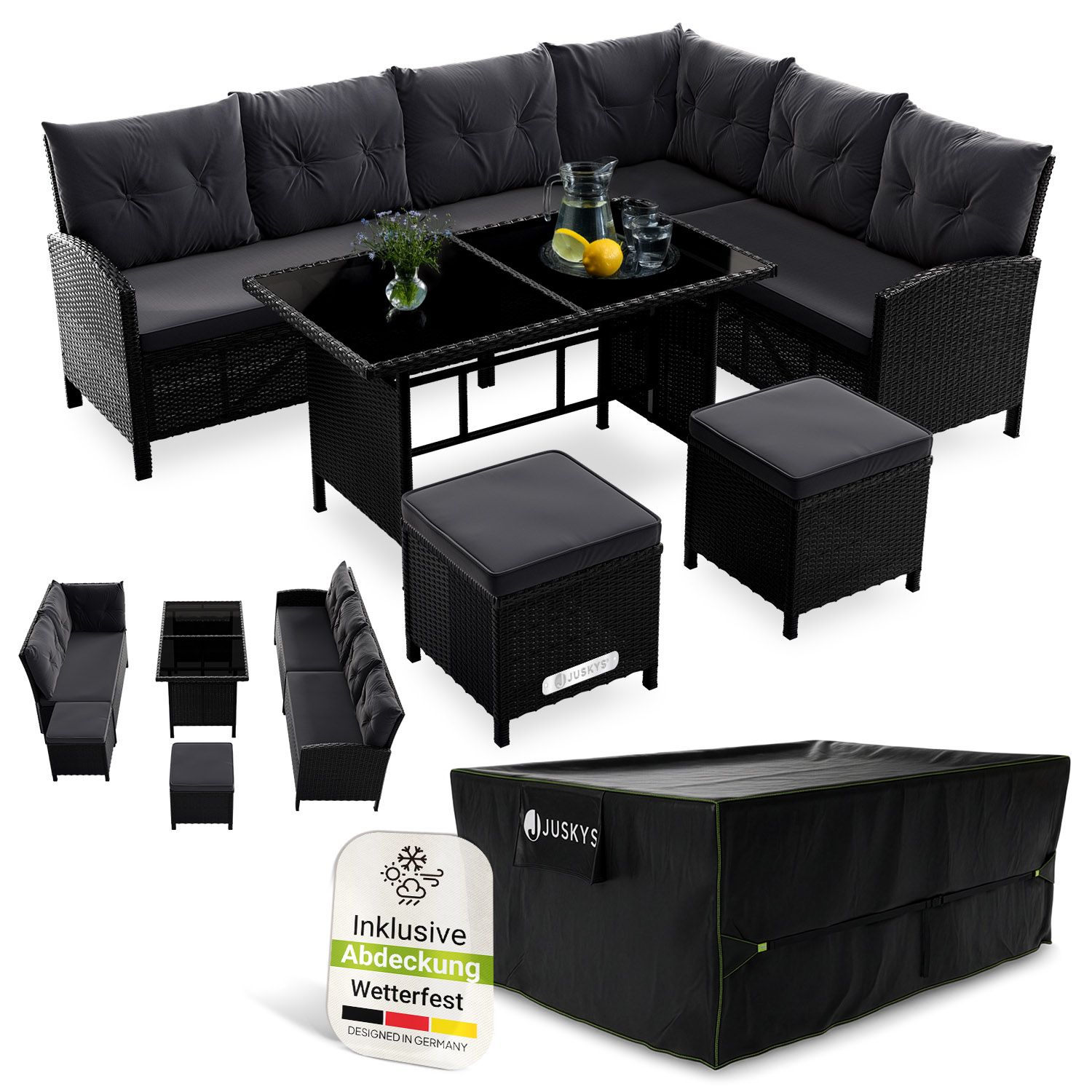 Juskys Gartenlounge Manacor schwarz - Sofa, Tisch, Hocker & Kissen inkl. Abdeckung - 7 Personen - Sitzbez&uuml;ge in Grau - Bild 1
