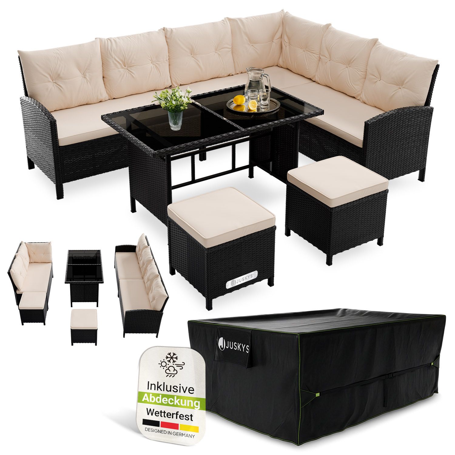 Juskys Gartenlounge Manacor schwarz - Sofa, Tisch, Hocker & Kissen inkl. Abdeckung - 8 Personen - Sitzbez&uuml;ge in Creme - Bild 1