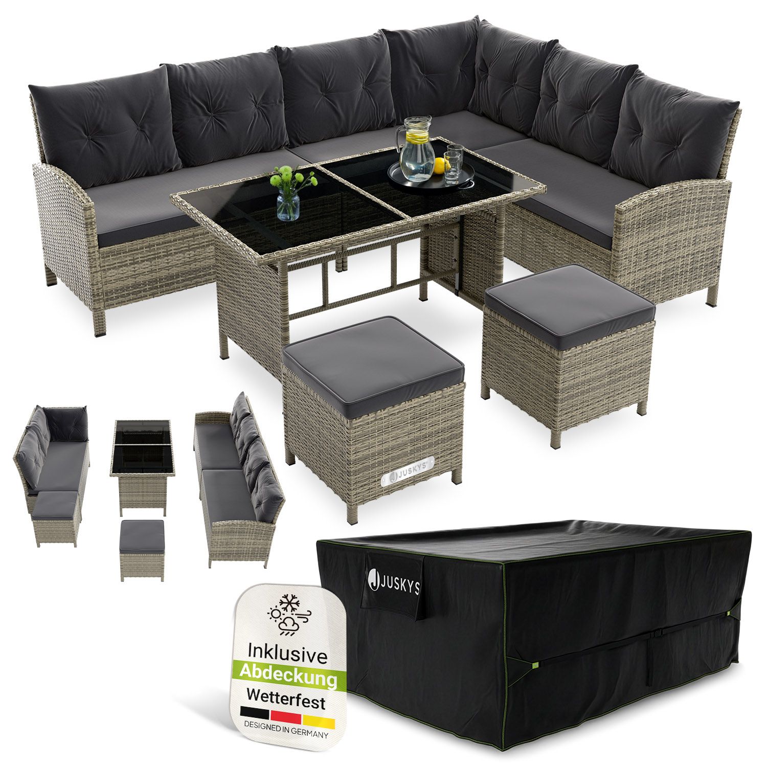 Juskys Gartenlounge Manacor grau - Sofa, Tisch, Hocker & Kissen inkl. Abdeckung - 8 Personen - Sitzbez&uuml;ge Grau - Bild 1