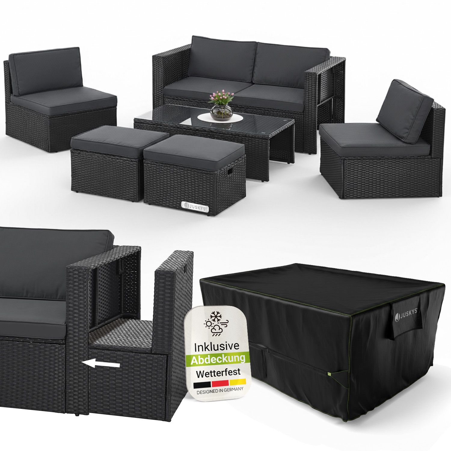 Juskys Polyrattan Gartenm&ouml;bel Set Salou inkl. Abdeckung - Outdoor Lounge f&uuml;r 6 Personen, wetterfest - Schwarz - Bild 1