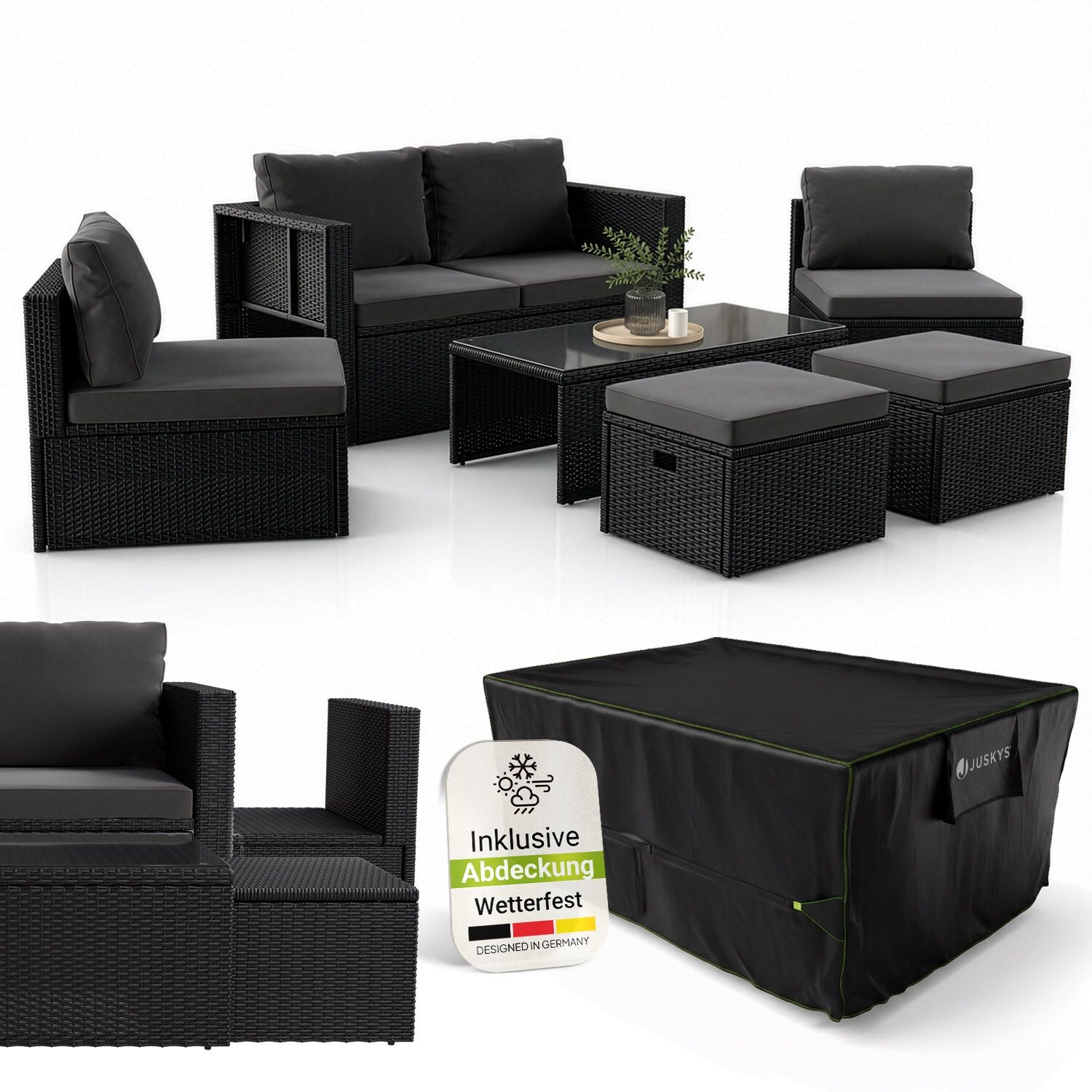 Juskys Polyrattan Gartenmöbel Set Salou inkl. Abdeckung - Outdoor Lounge für 6 Personen, wetterfest - Schwarz