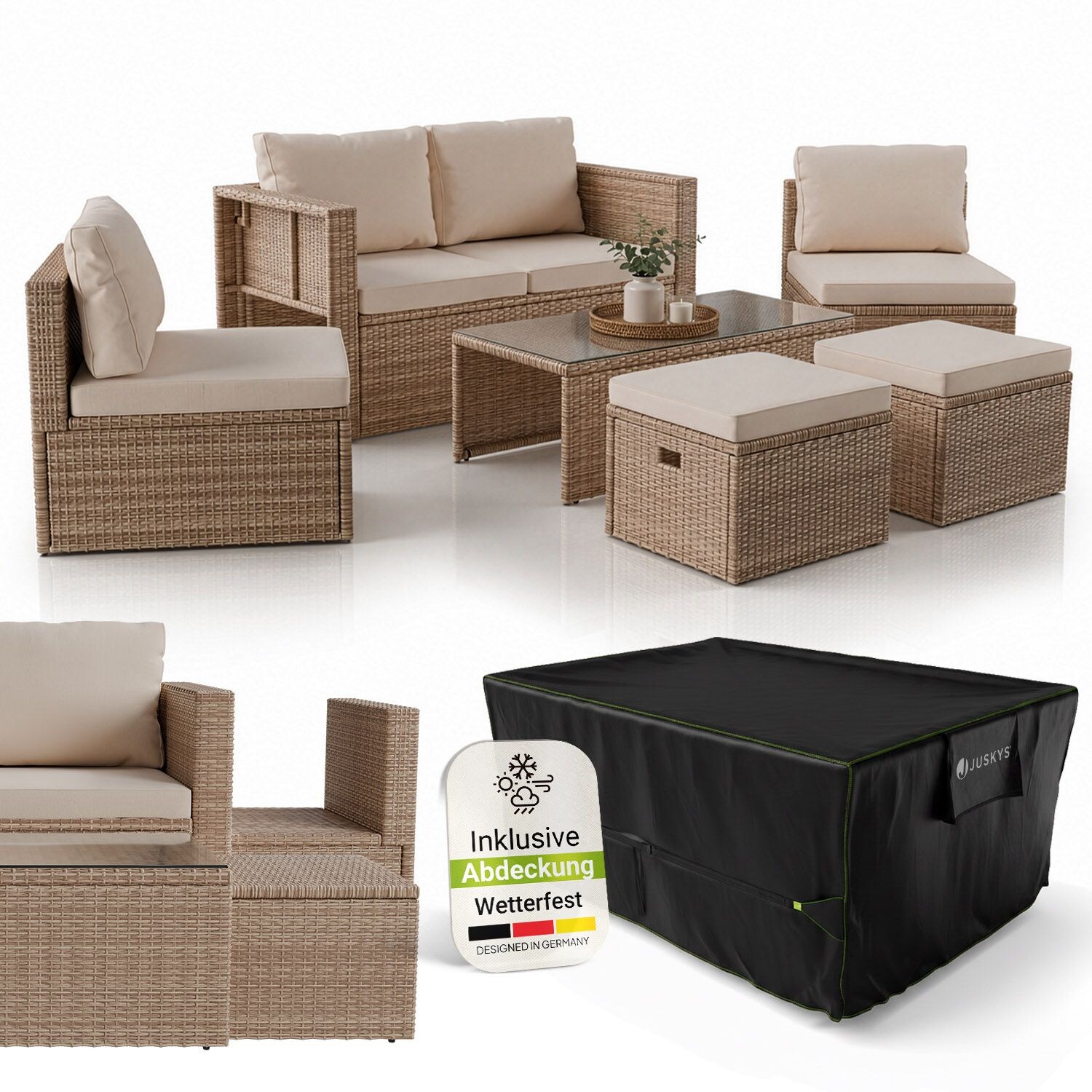 Juskys Polyrattan Gartenmöbel Set Salou inkl. Abdeckung - Outdoor Lounge für 6 Personen, wetterfest - Creme