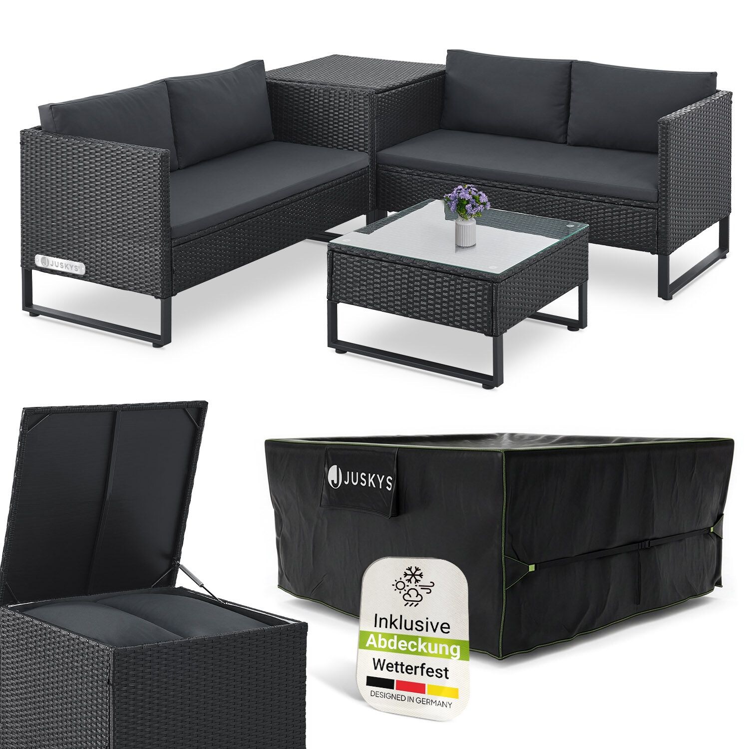 Juskys Polyrattan Lounge Santorini inkl. Abdeckung – Outdoor Sitzecke mit Beistelltisch & Auflagenbox – Schwarz | 04262437187884