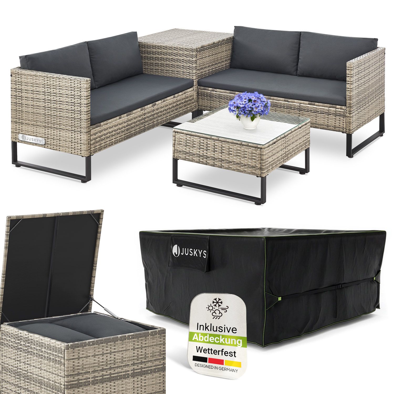 Juskys Polyrattan Lounge Santorini inkl. Abdeckung - Outdoor Sitzecke mit Beistelltisch & Auflagenbox - Grau - Bild 1