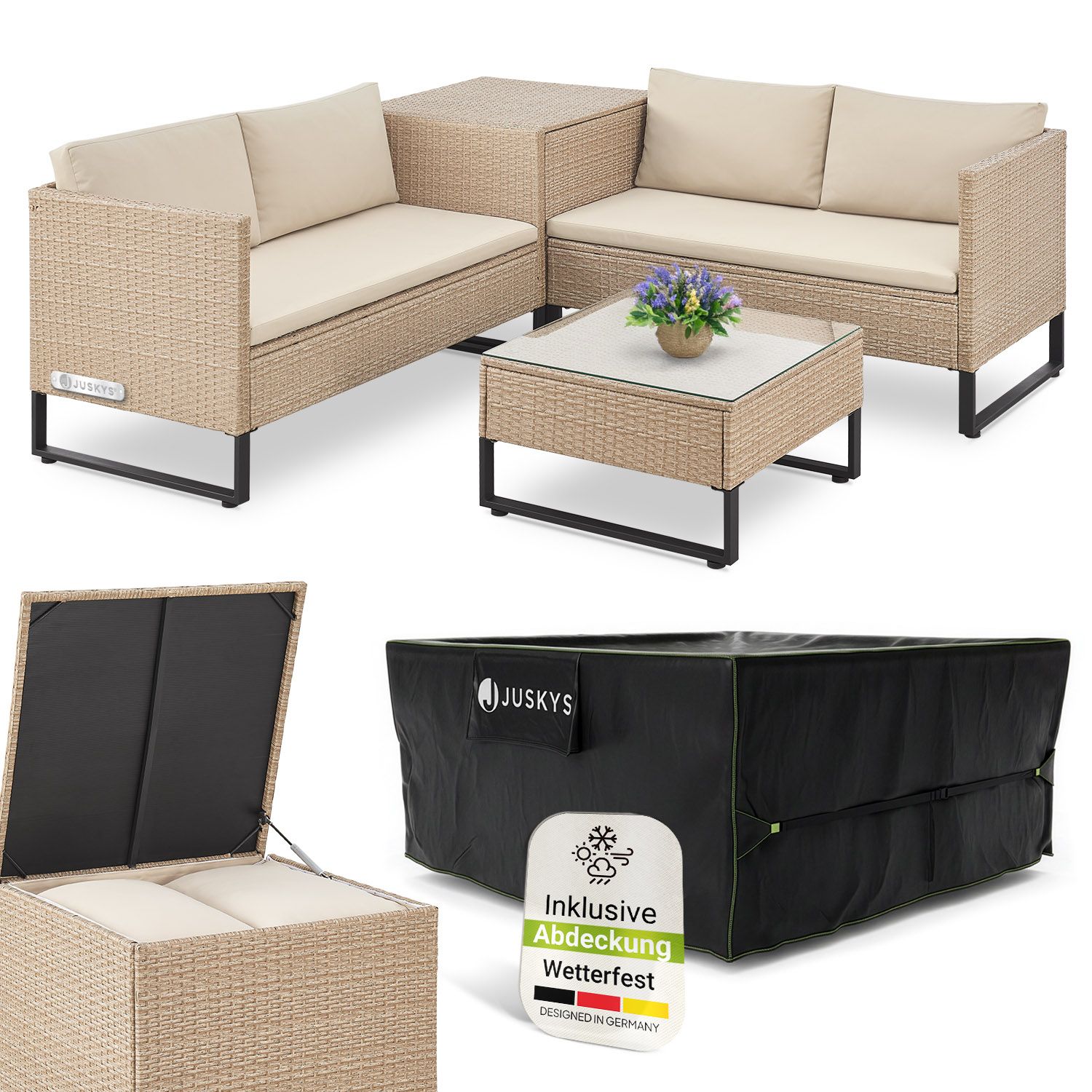 Juskys Polyrattan Lounge Santorini inkl. Abdeckung - Outdoor Sitzecke mit Beistelltisch & Auflagenbox - Creme - Bild 1