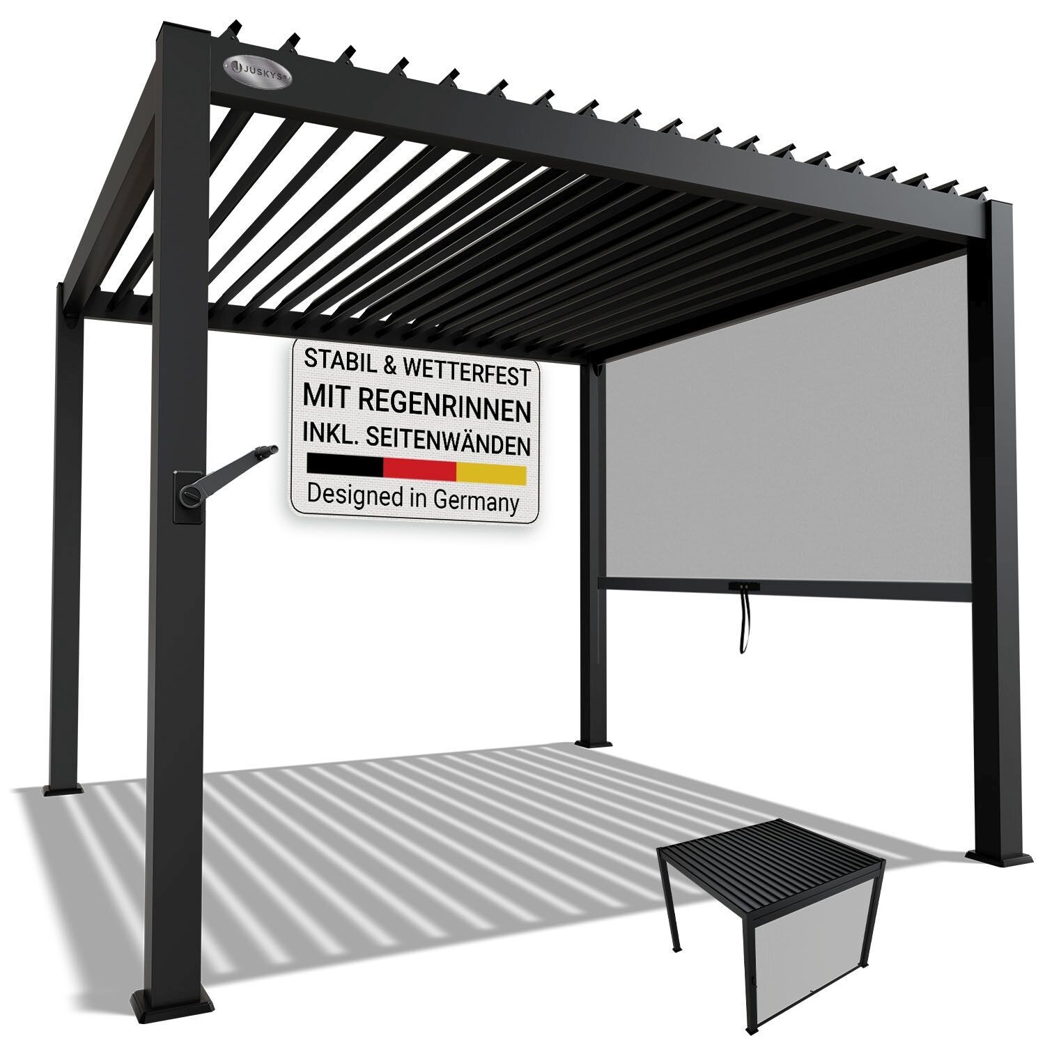 Juskys Lamellendach Tahiti 3x3 m inkl. Seitenwand 3 m - Stahl Pergola - Terrassenüberdachung stabil - Anthrazit