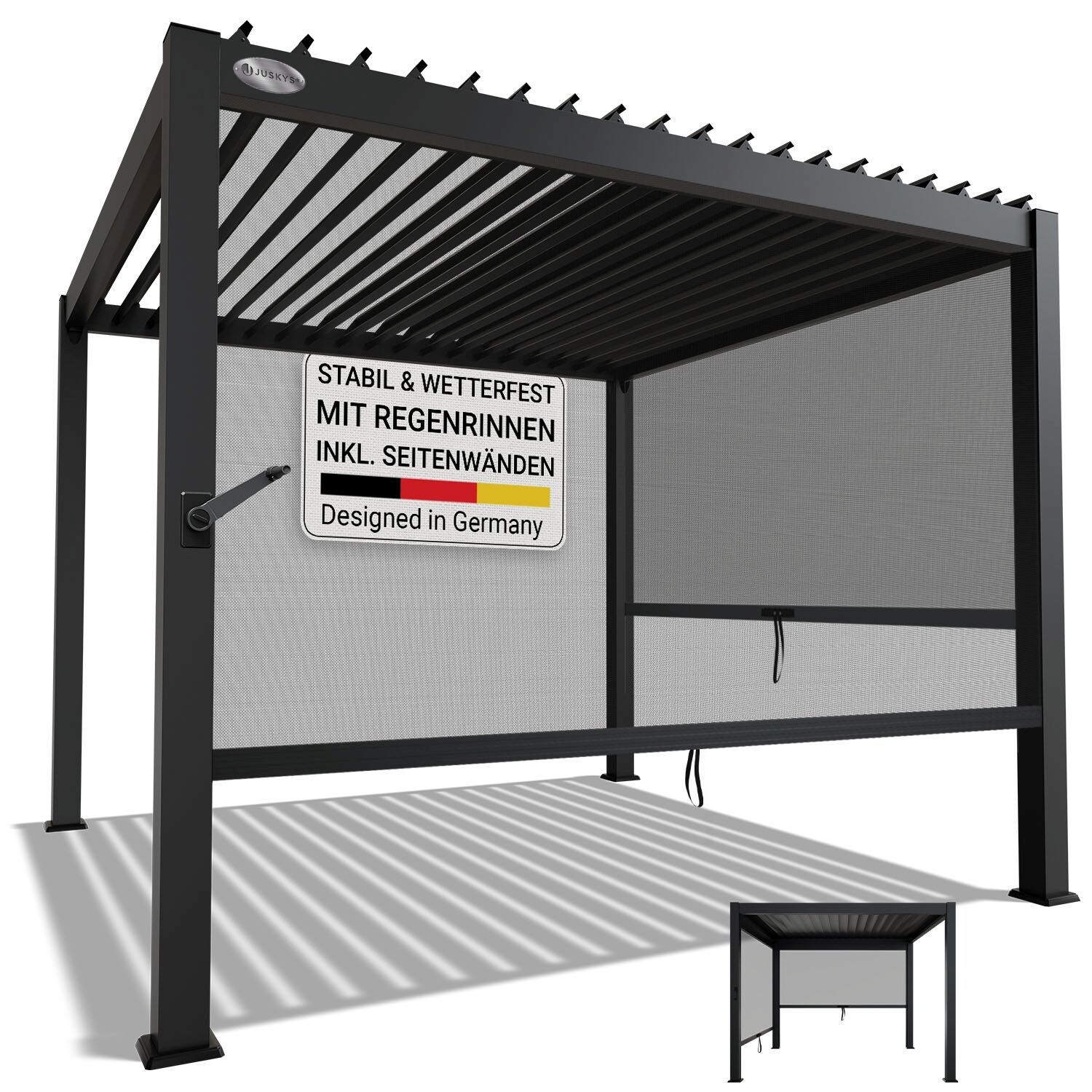 Juskys Lamellendach Tahiti 3x3 m inkl. 2x Seitenwand 3 m - Stahl Pergola - Terrassenüberdachung stabil - Anthrazit