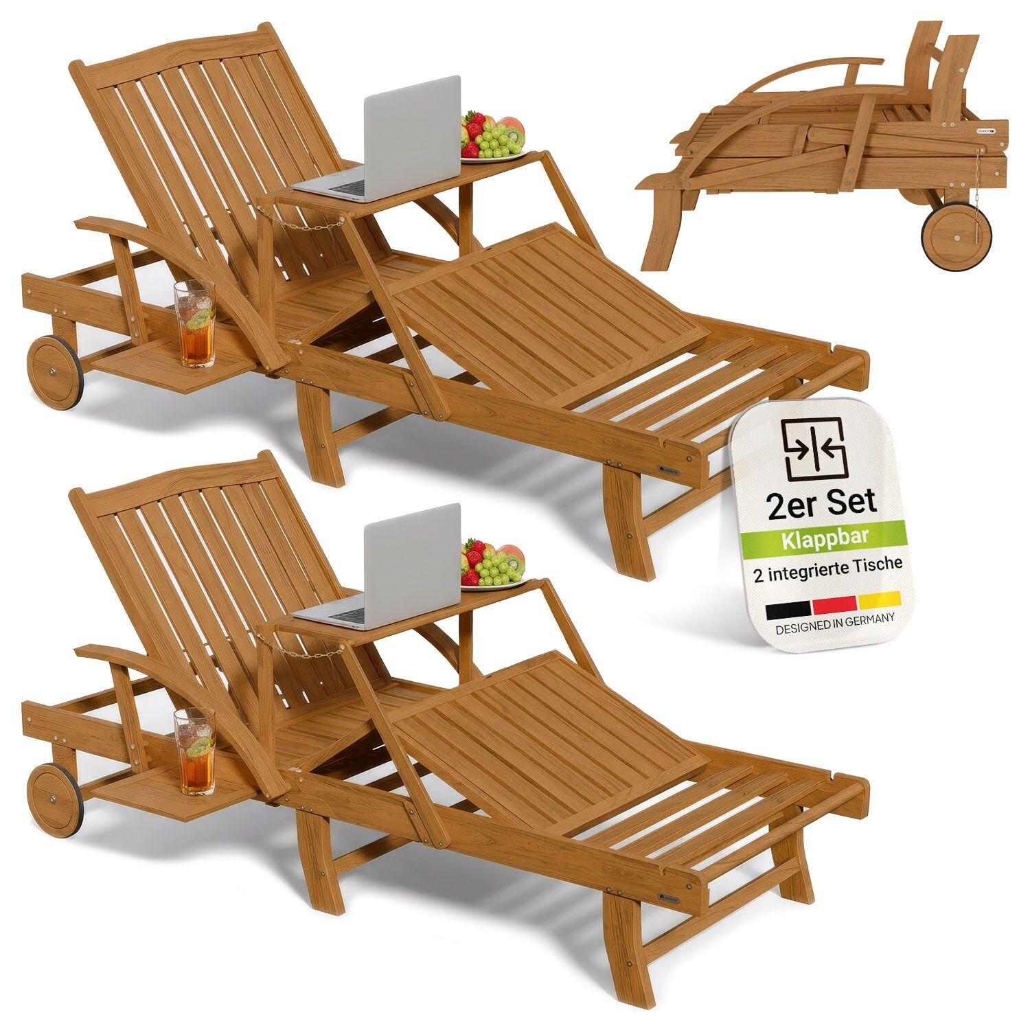 Juskys® 2er Set Sonnenliege SunScape - Akazie, Natur, geölt, klappbar, inkl. Klapptisch, 196x72,5x30 cm