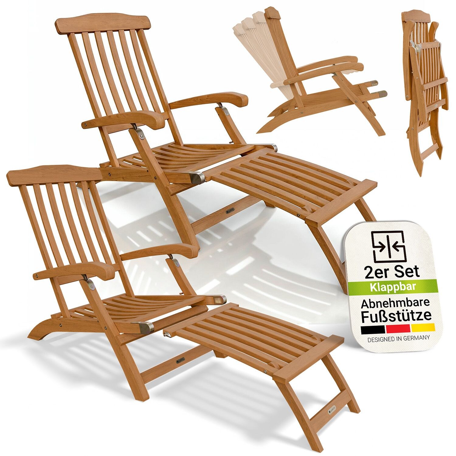 Juskys® Sonnenliege Evia 2er Set - klappbar für Garten & Terrasse, geöltes Akazienholz für natürliche Optik & langlebige Nutzung, 196x54x95 cm in Natur