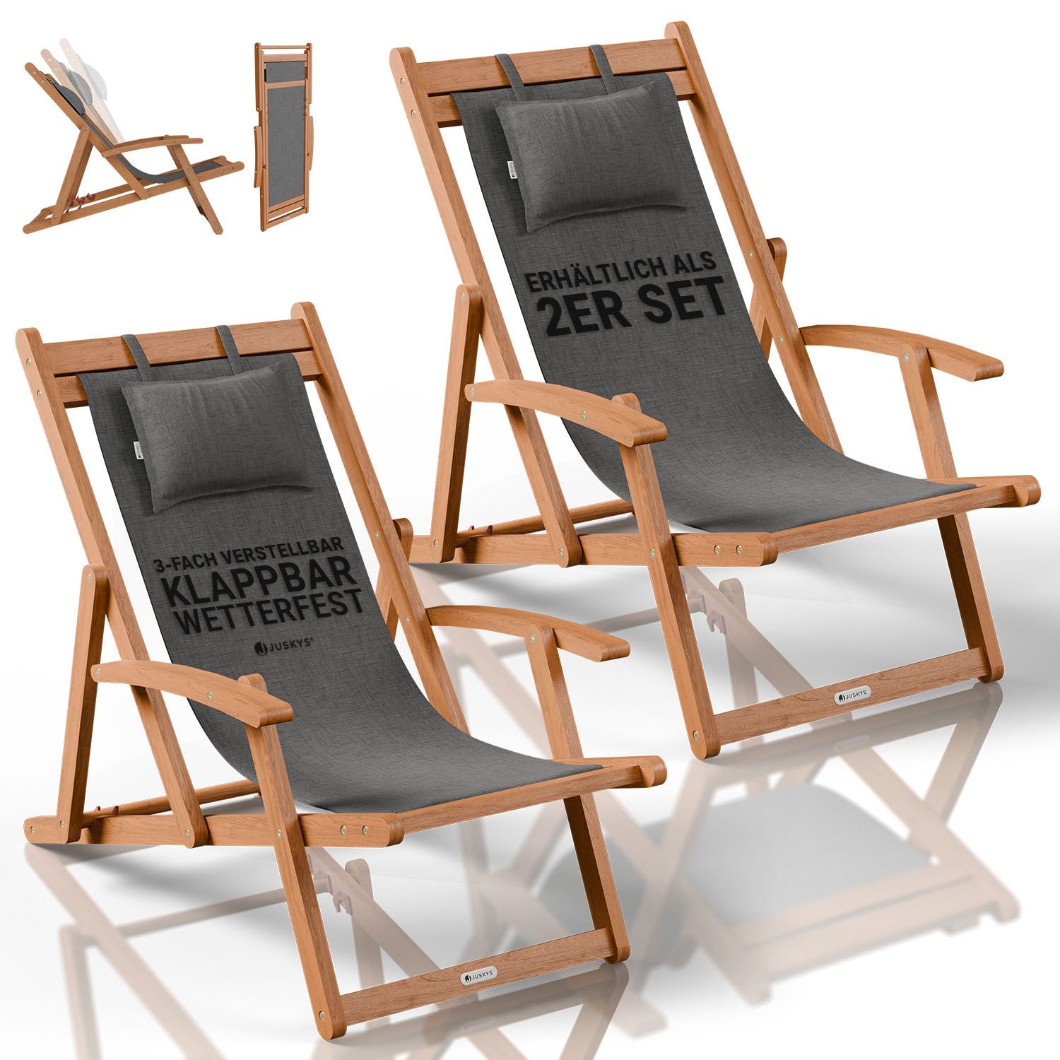 Juskys&reg; Sonnenliege Tavira 2er Set - Dunkelgrau, Akazienholz Liege mit UV-best&auml;ndigem Polyesterbezug, verstellbare Komfortposition, klappbar - Bild 1