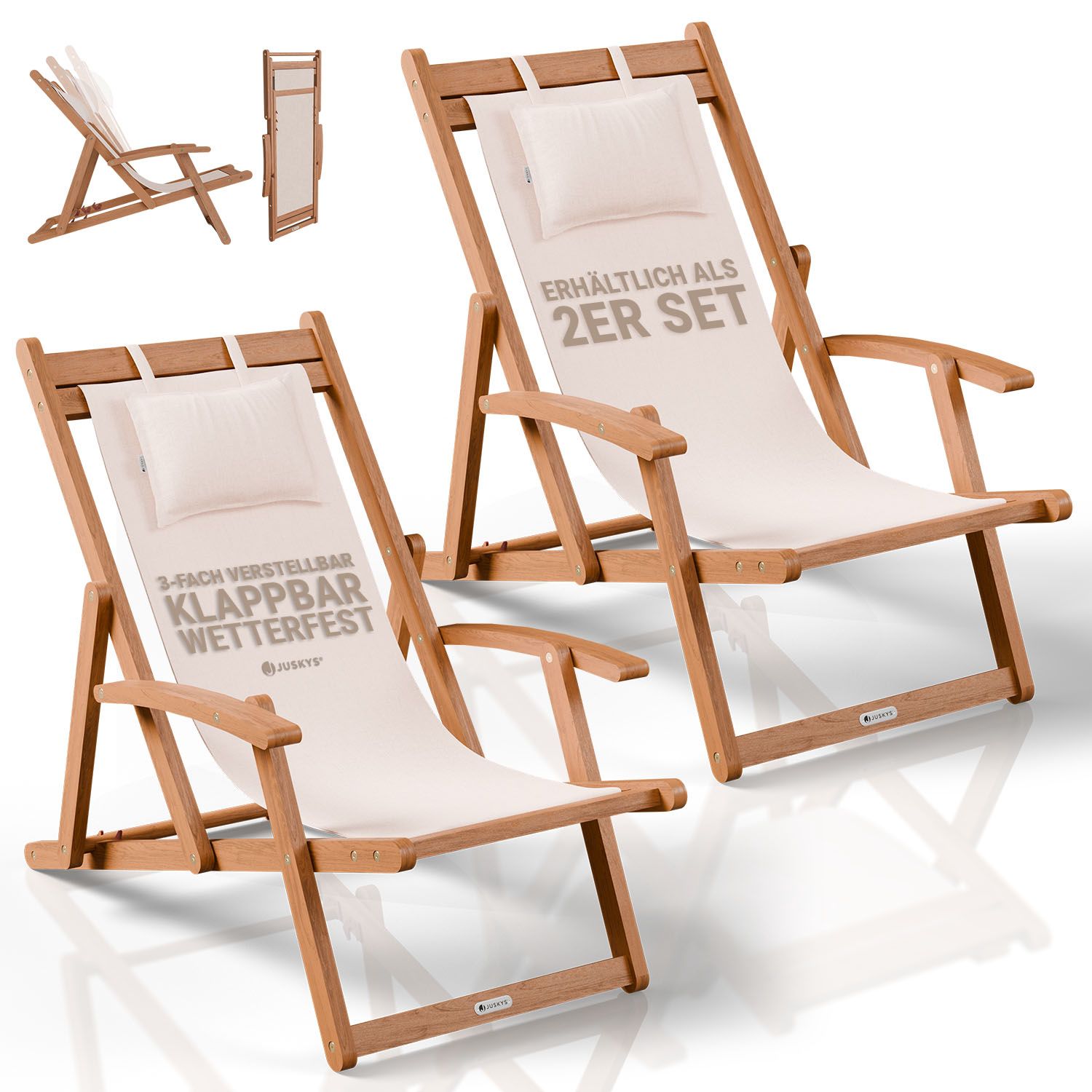 JUSKYS&reg; Sonnenliege Tavira 2er Set - Creme Akazienholz Liege mit UV-best&auml;ndigem Polyesterbezug, verstellbare Komfortposition, klappbar - Bild 1