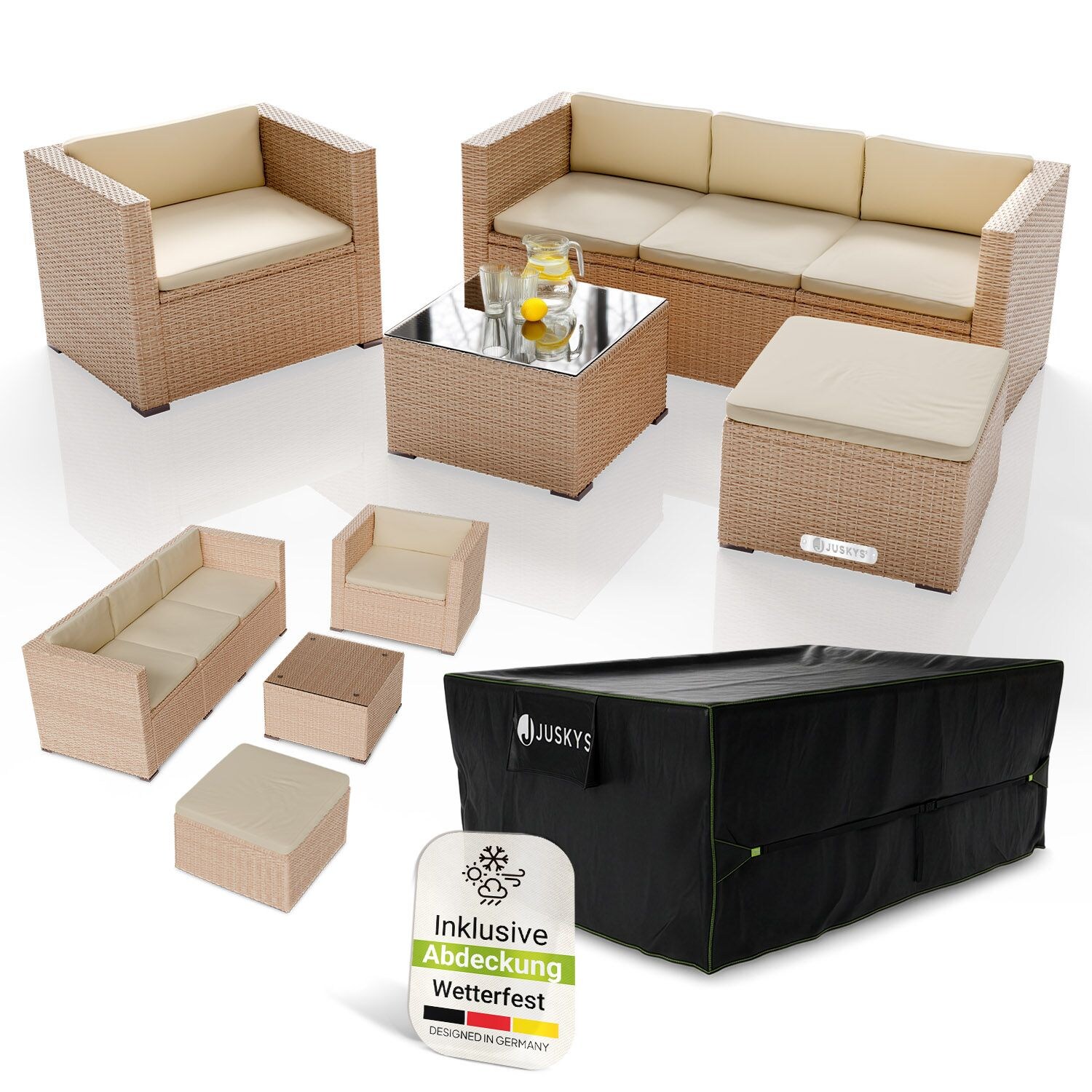 Polyrattan Lounge Punta Cana L creme für 4-5 Personen – Sessel, Sofa, Tisch & Hocker
