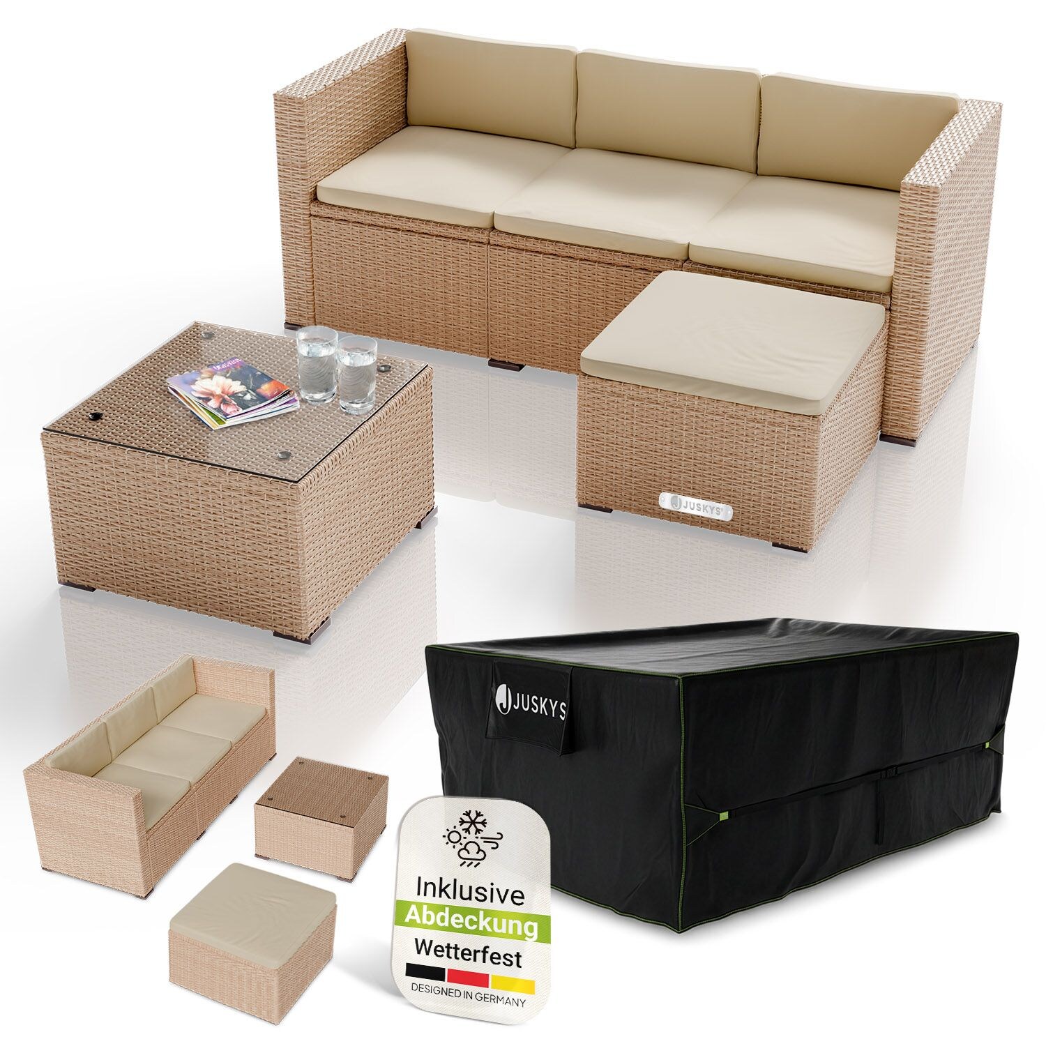 Polyrattan Lounge Punta Cana M creme für 3-4 Personen – Sofa, Tisch & Hocker