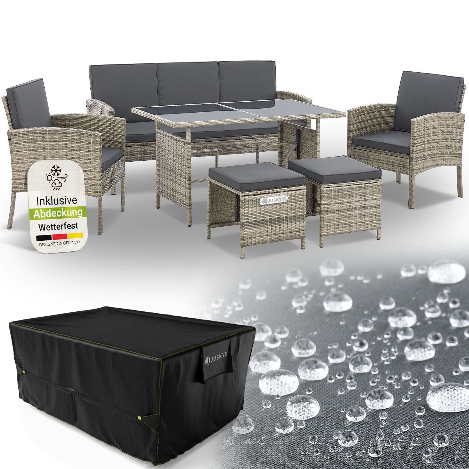 Juskys Polyrattan Gartenmöbel Sitzgruppe Turin Set 6 teilig inkl. Abdeckung – Outdoor Möbel mit Tisch – Lounge grau-meliert | 04262437188058